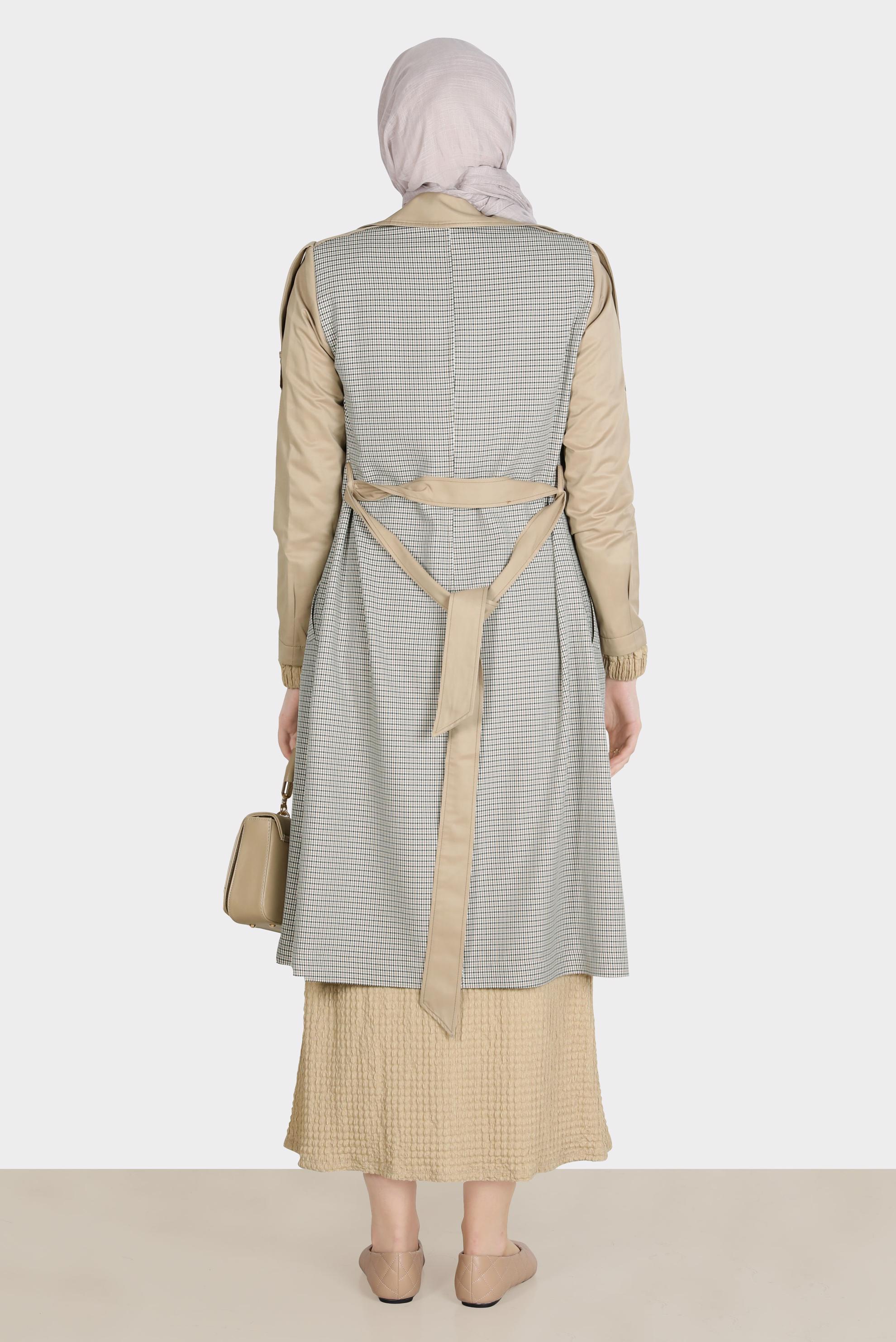 Tesettür giyim KAHVE KUŞAKLI EKOSE TRENÇKOT 10595 