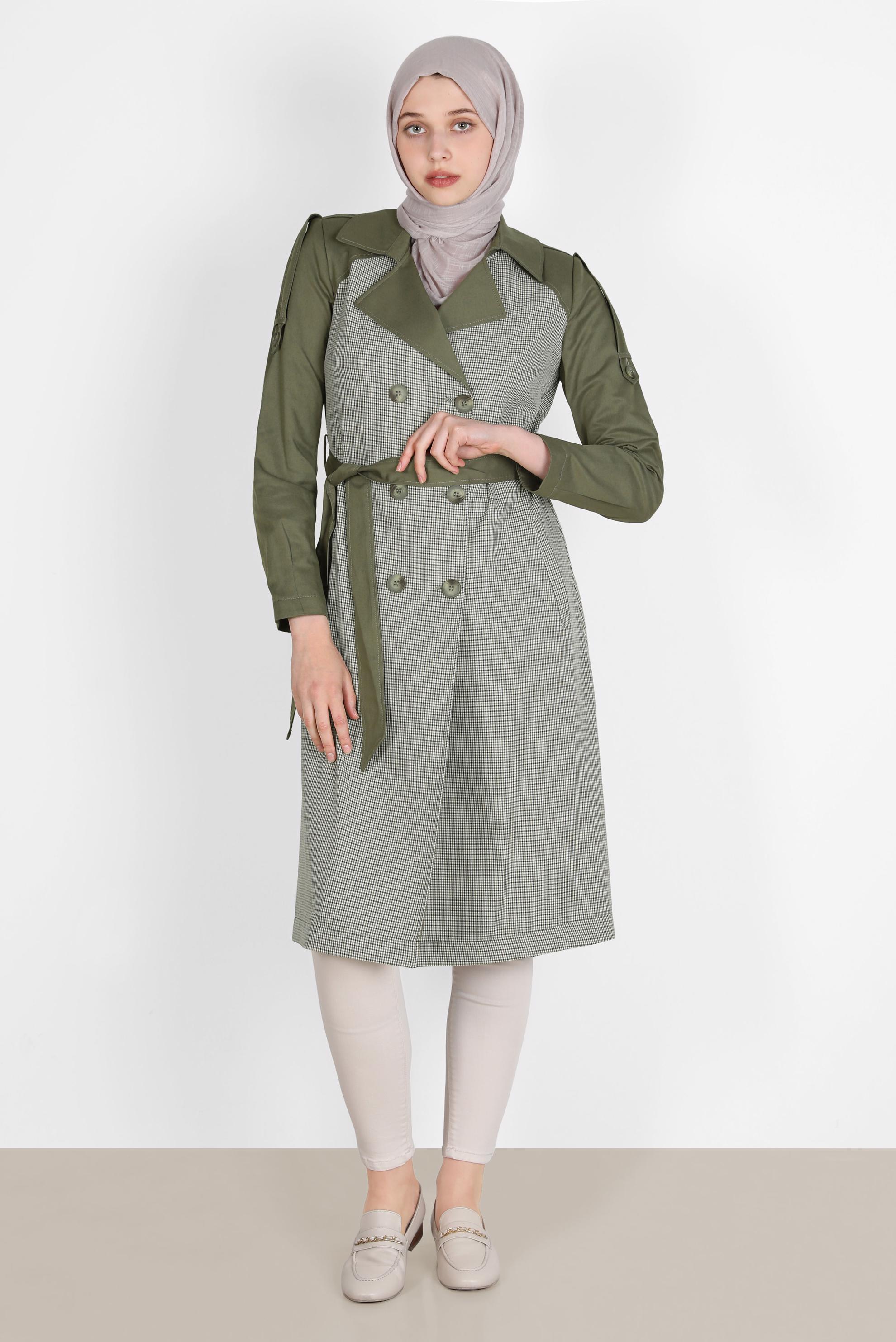 Tesettür giyim HAKİ KUŞAKLI EKOSE TRENÇKOT 10595 