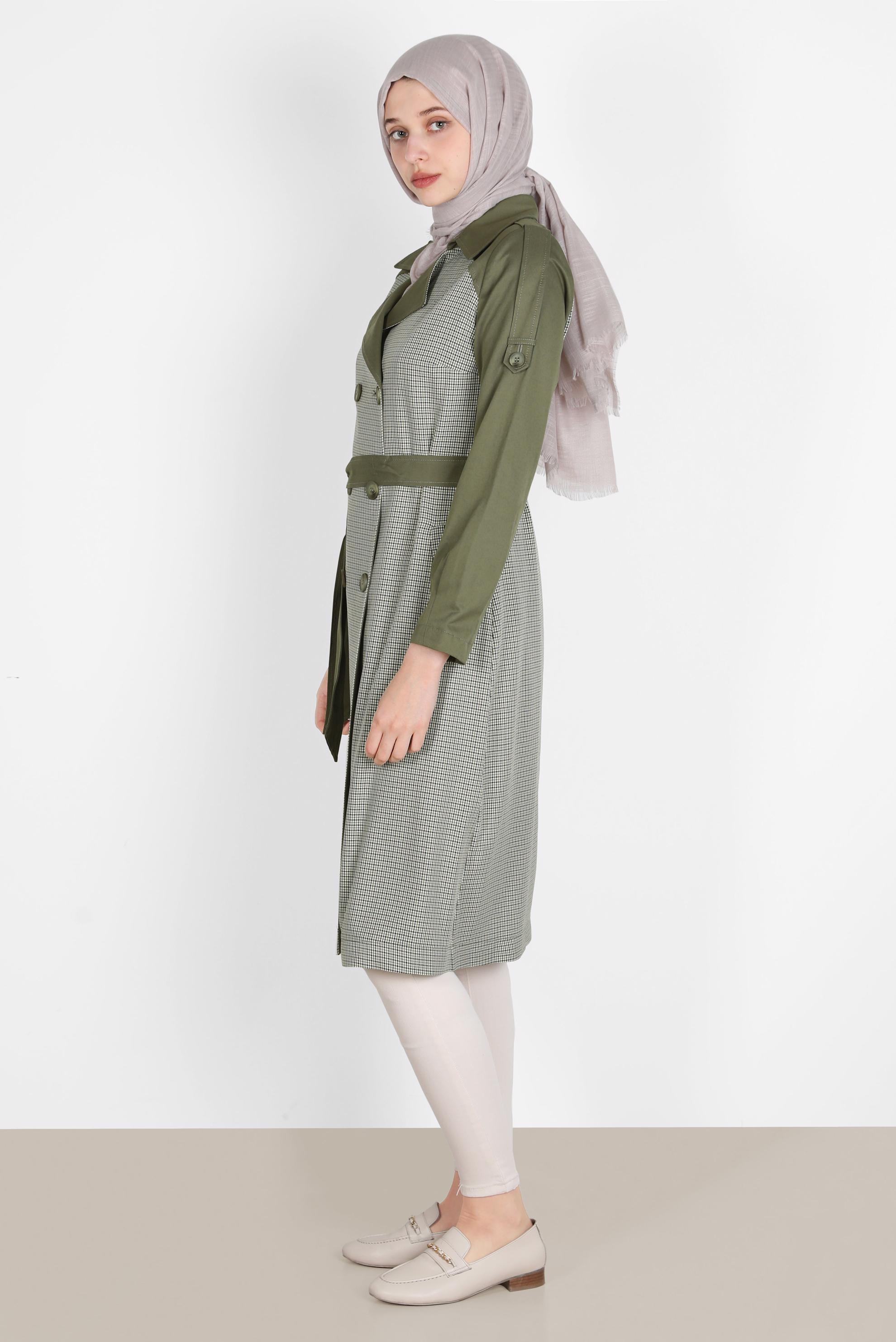 Tesettür giyim HAKİ KUŞAKLI EKOSE TRENÇKOT 10595 