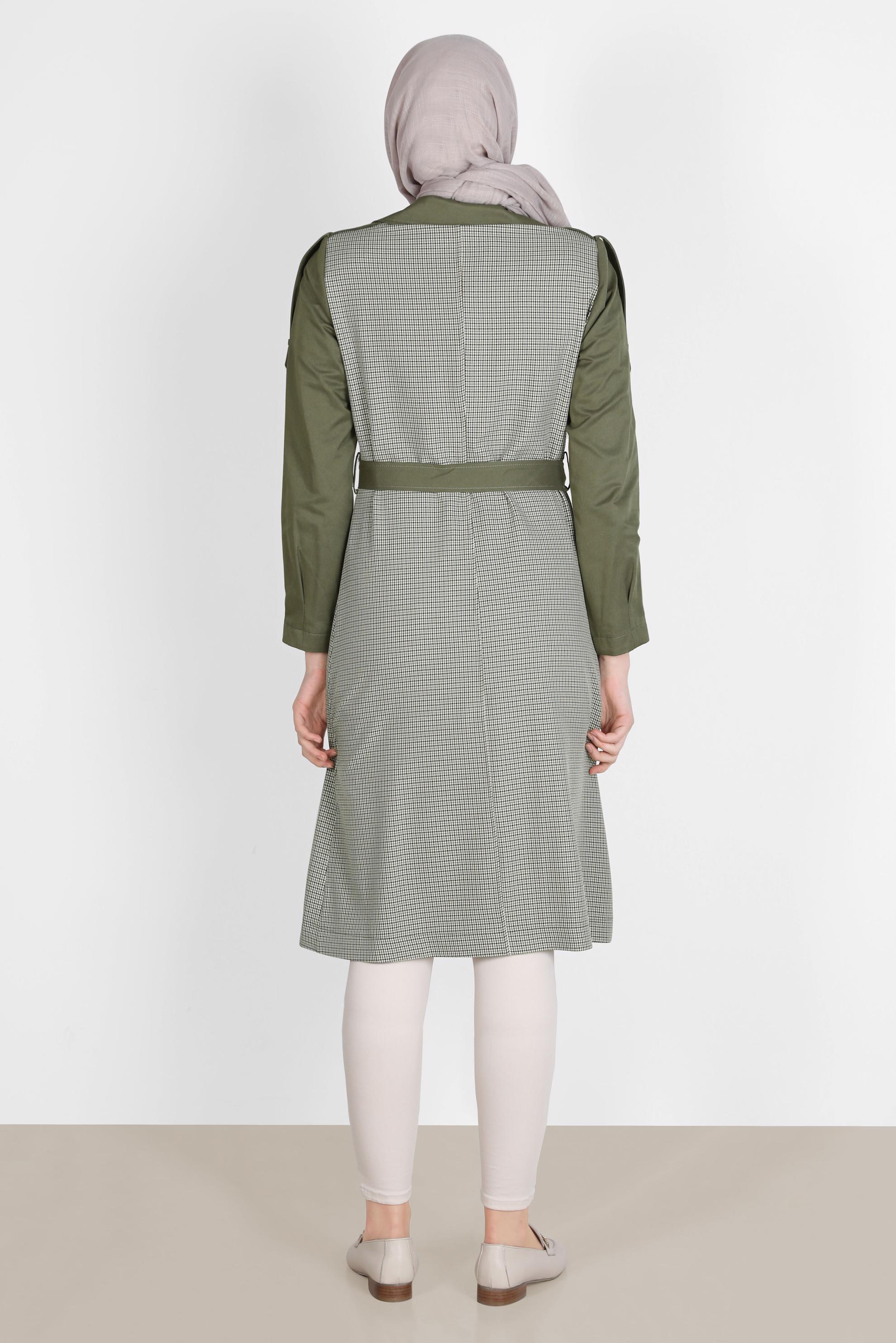 Tesettür giyim HAKİ KUŞAKLI EKOSE TRENÇKOT 10595 