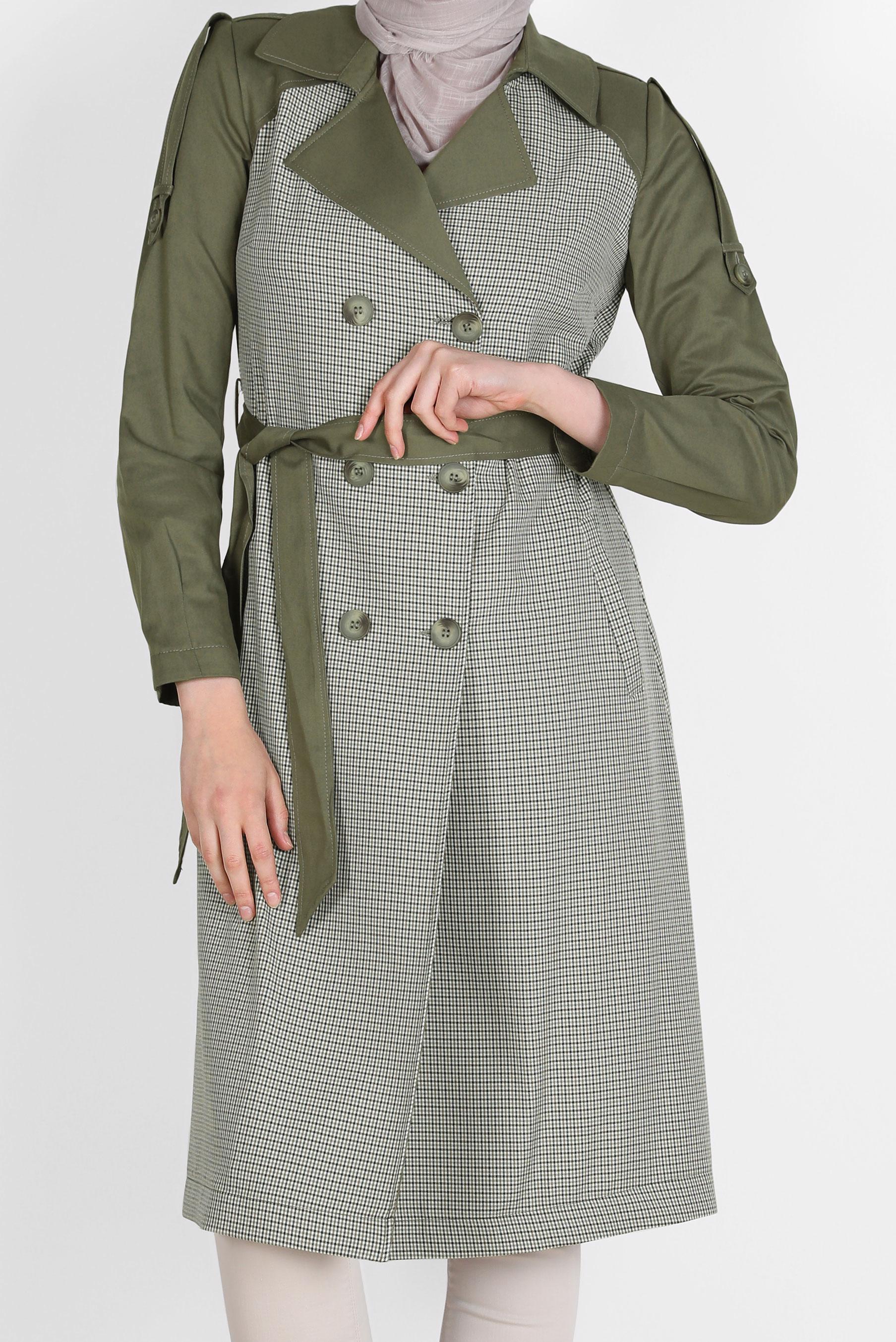 Tesettür giyim HAKİ KUŞAKLI EKOSE TRENÇKOT 10595 