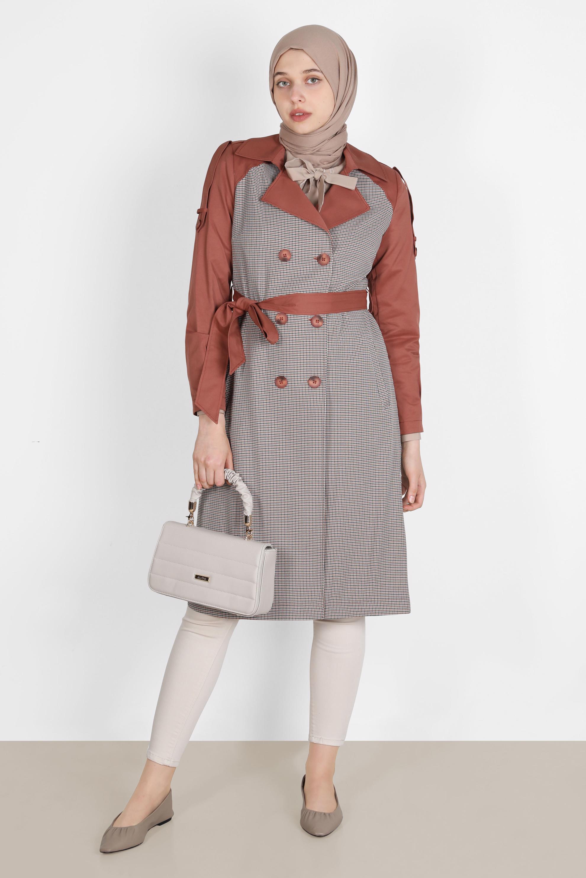 Tesettür giyim TURUNCU KUŞAKLI EKOSE TRENÇKOT 10595 