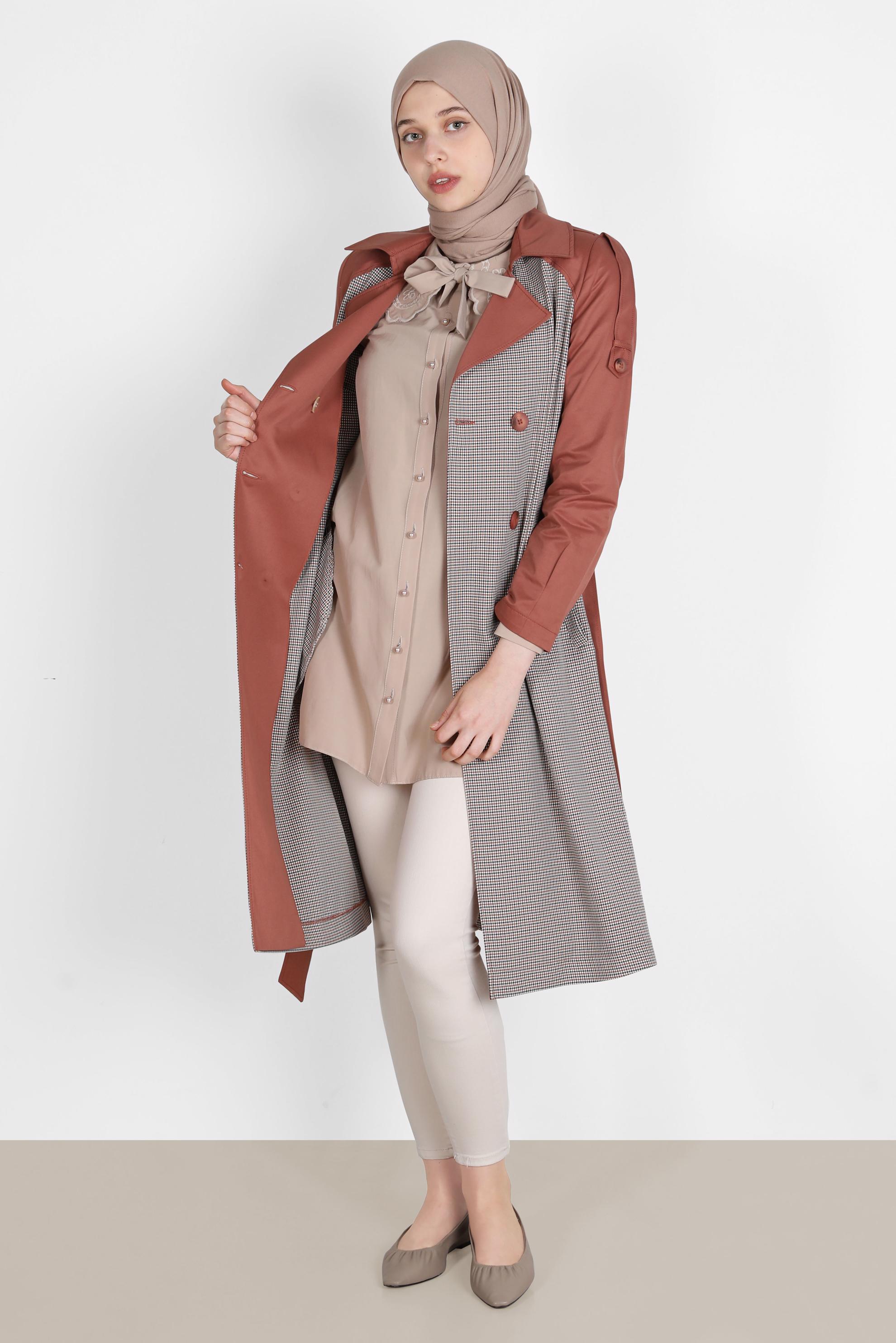 Tesettür giyim TURUNCU KUŞAKLI EKOSE TRENÇKOT 10595 