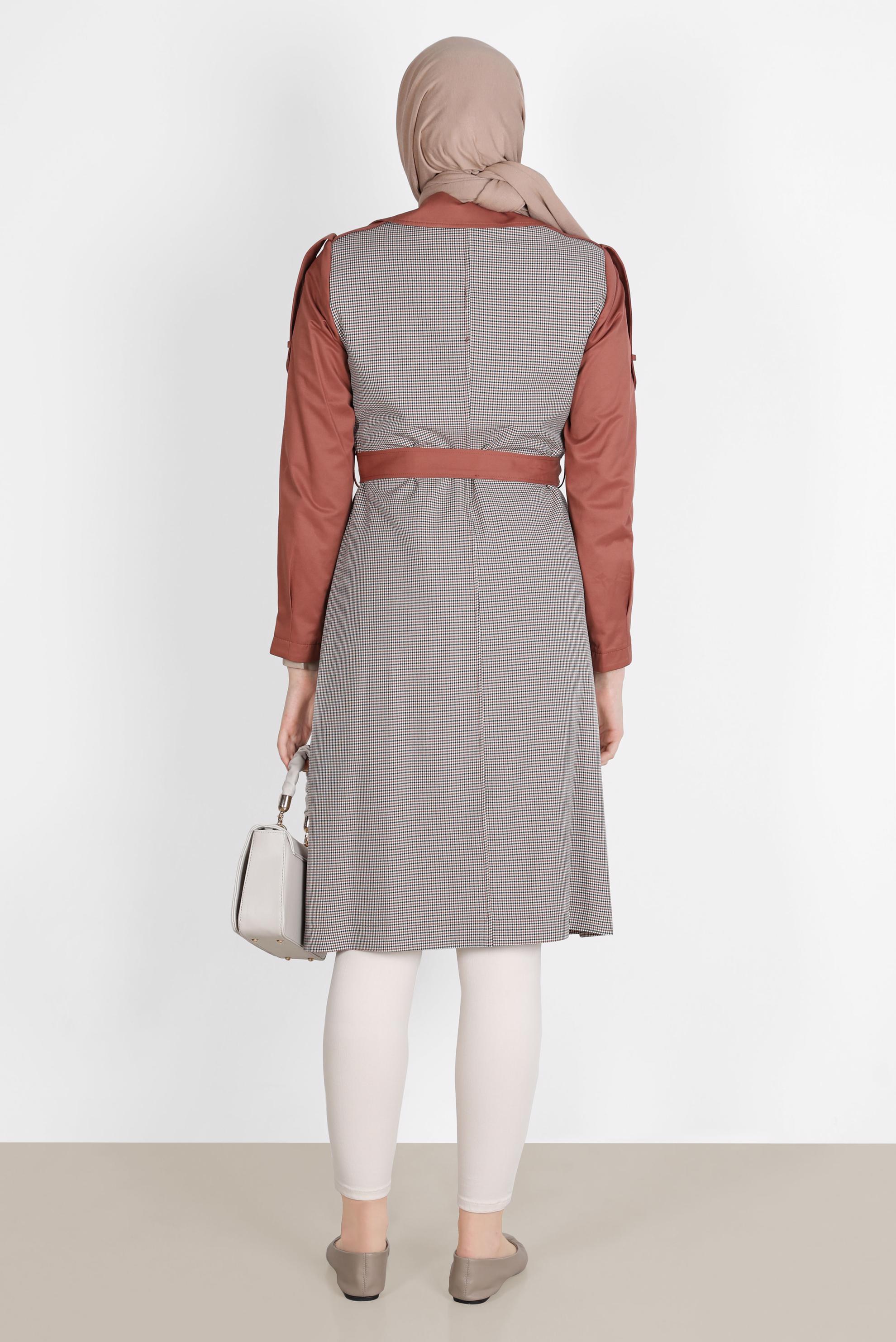 Tesettür giyim TURUNCU KUŞAKLI EKOSE TRENÇKOT 10595 