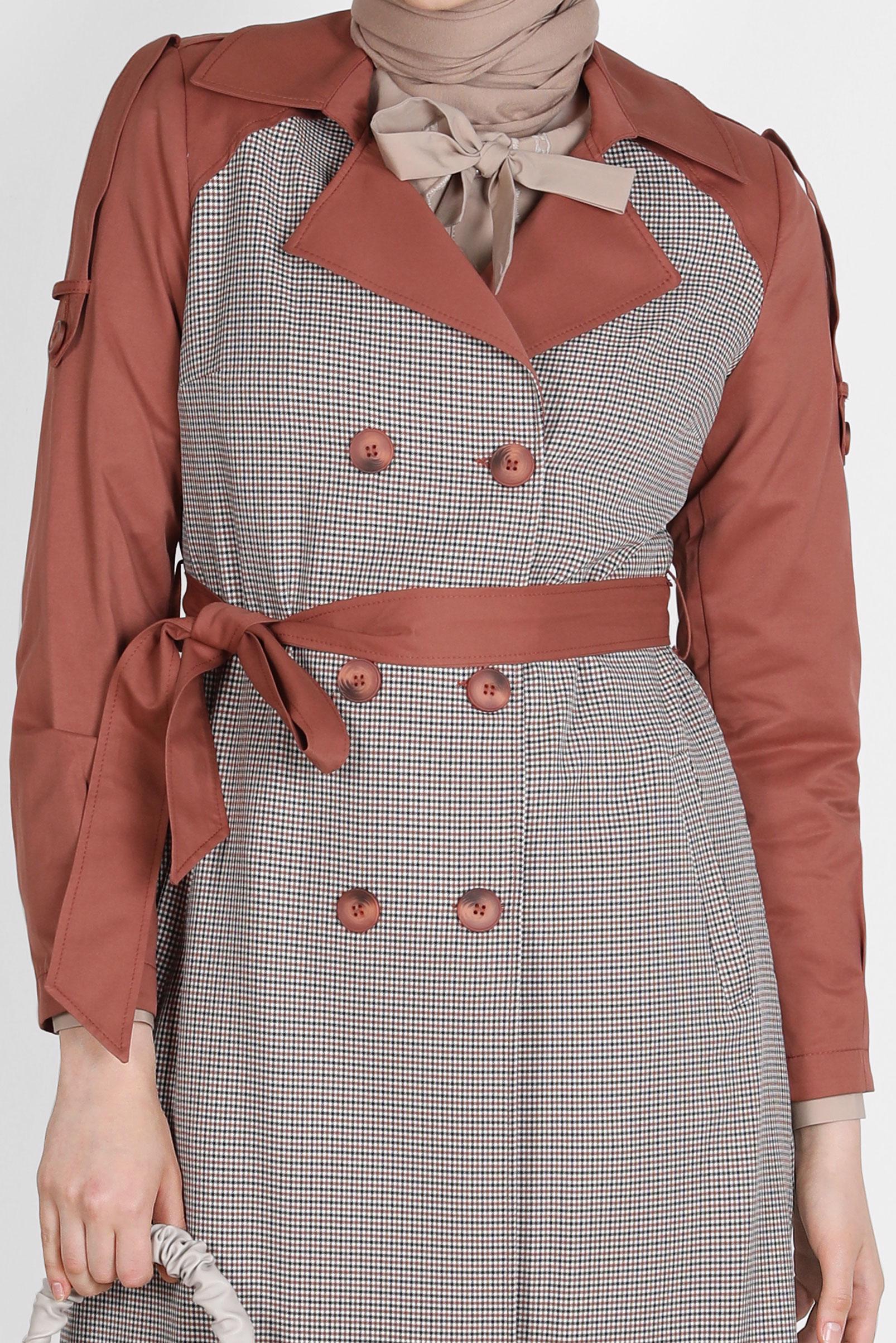 Tesettür giyim TURUNCU KUŞAKLI EKOSE TRENÇKOT 10595 