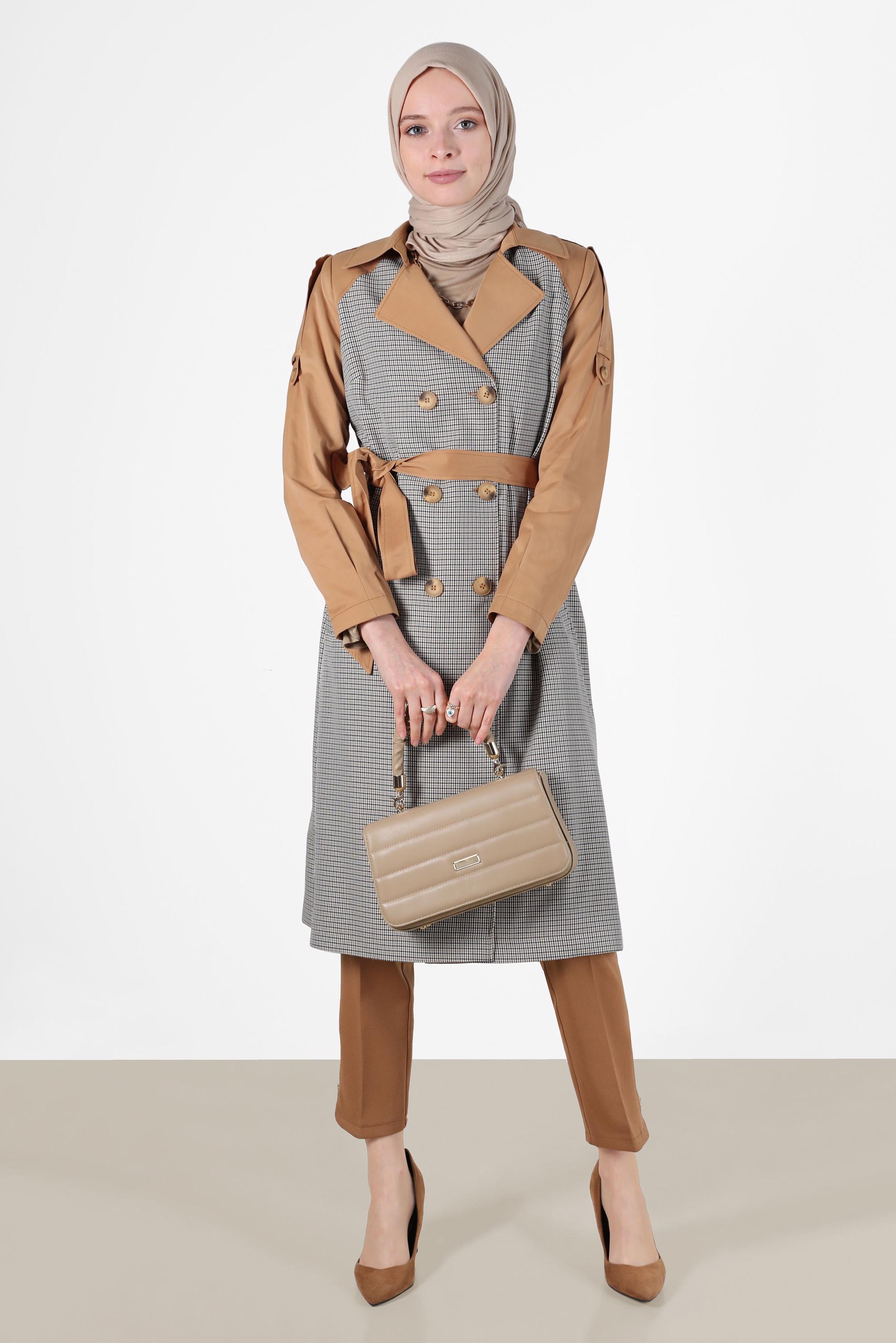 Hijab clothing BROWN BELTED CHECKED TRENCH COAT 10595 