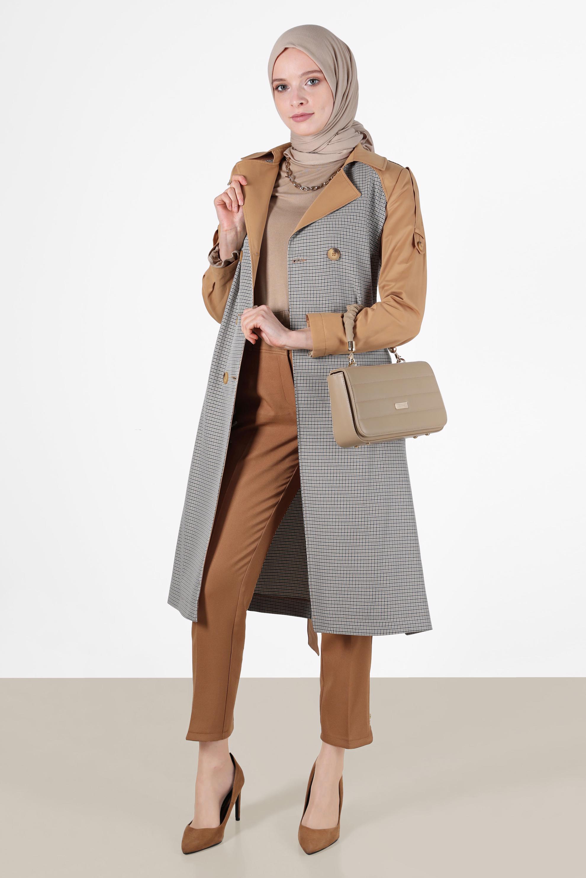 Hijab clothing BROWN BELTED CHECKED TRENCH COAT 10595 