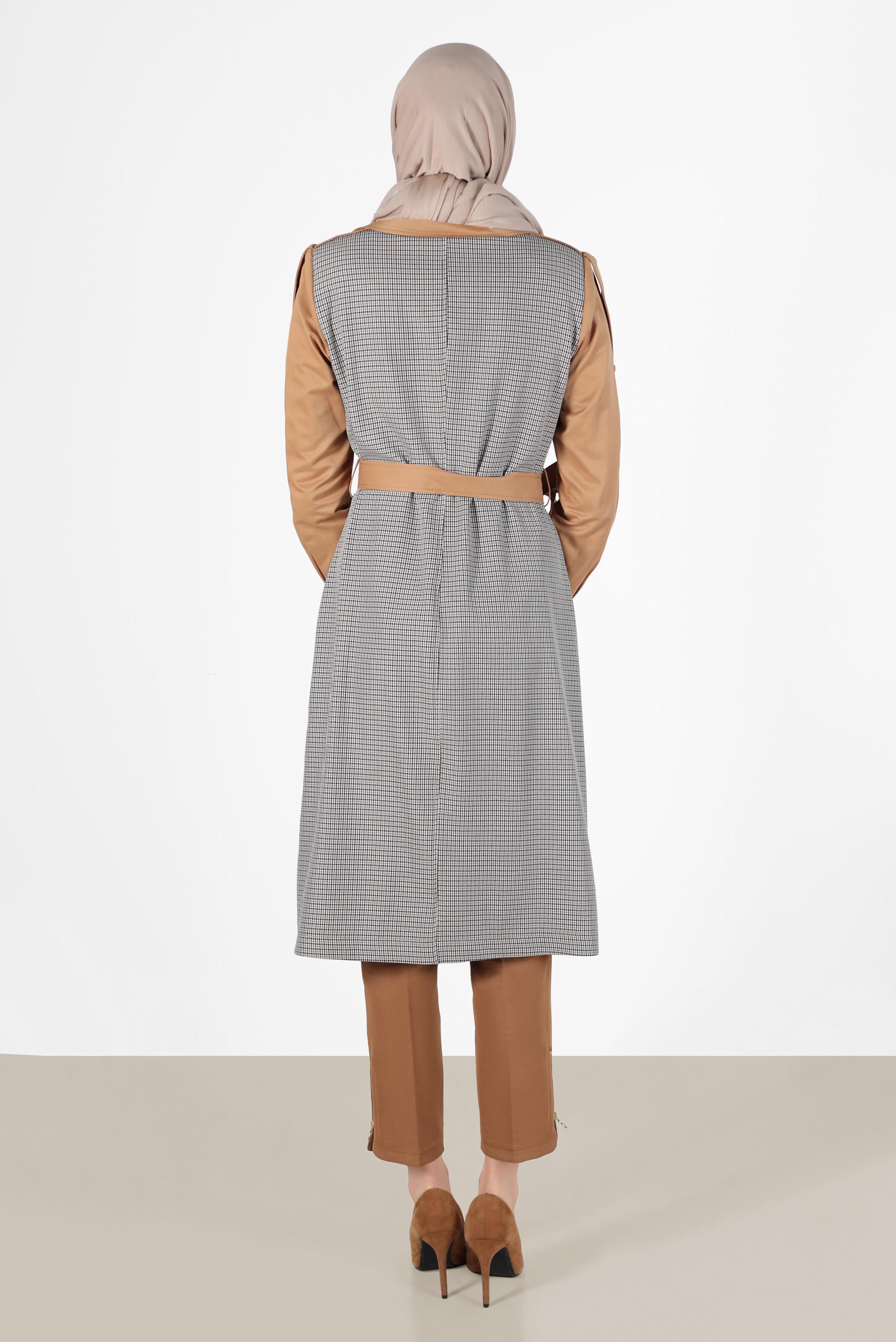 Hijab clothing BROWN BELTED CHECKED TRENCH COAT 10595 