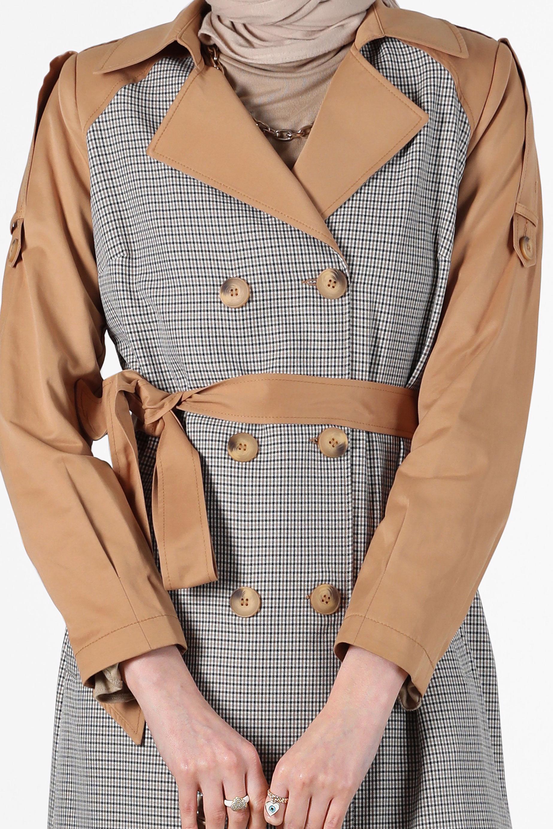 Hijab clothing BROWN BELTED CHECKED TRENCH COAT 10595 