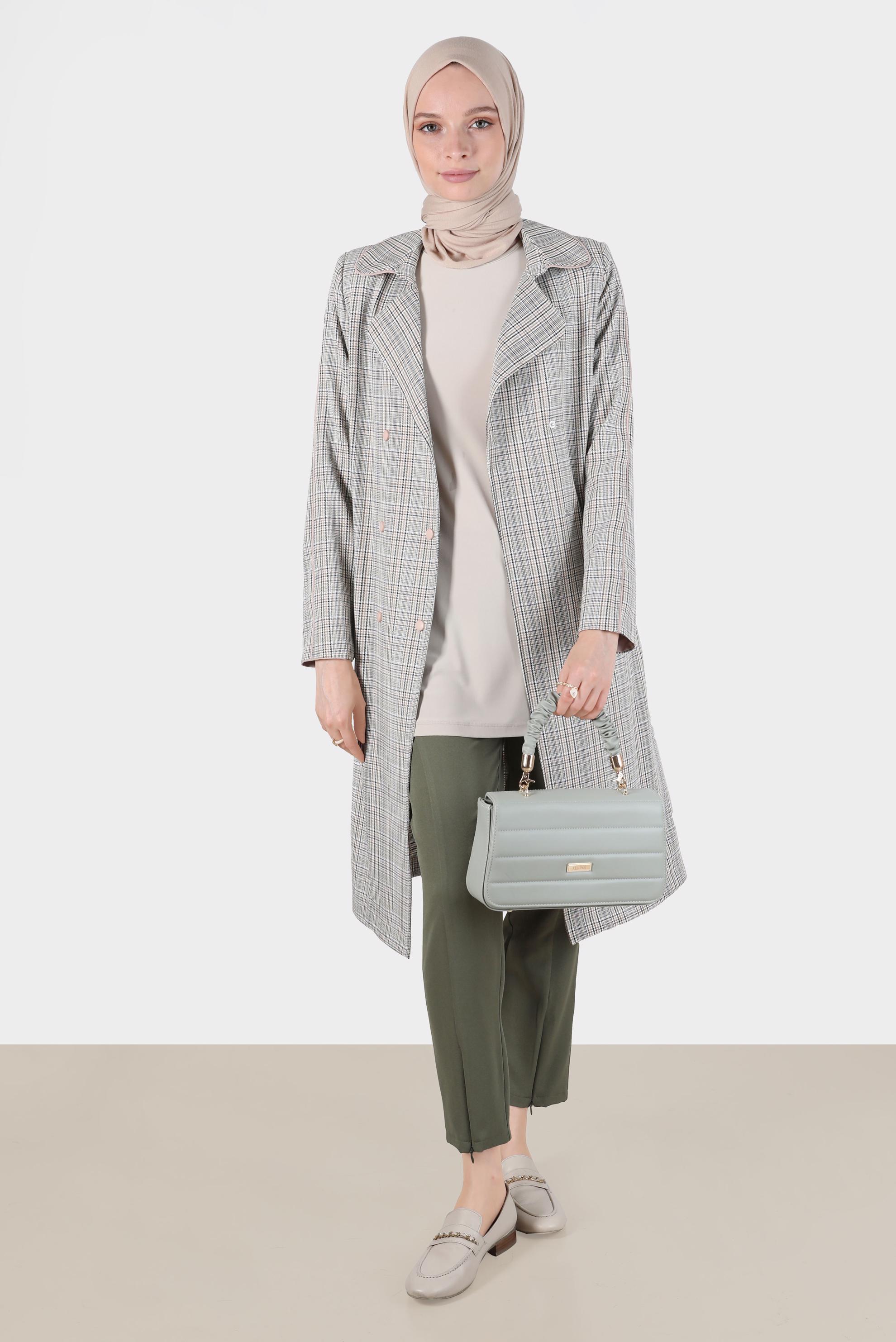 Hijab clothing GREEN CHECKED BELTED TRENCH COAT 10596 