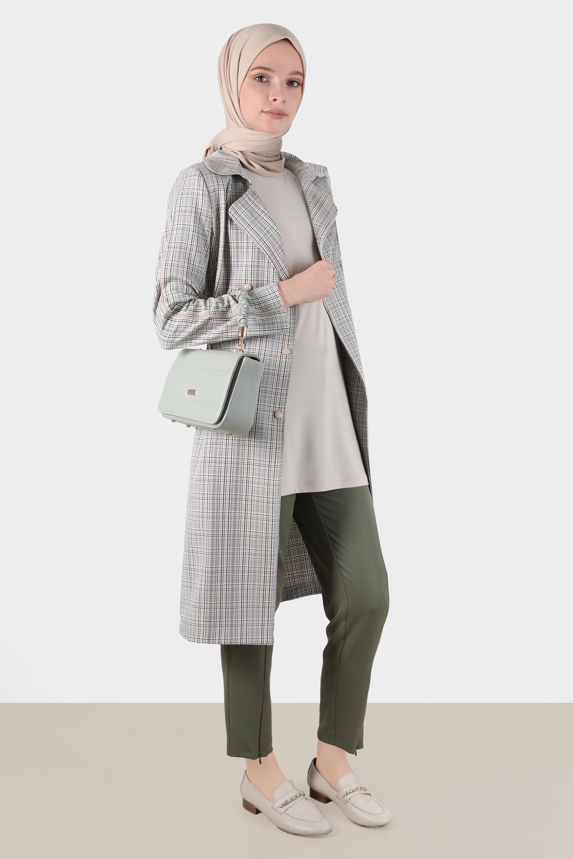 Hijab clothing GREEN CHECKED BELTED TRENCH COAT 10596 