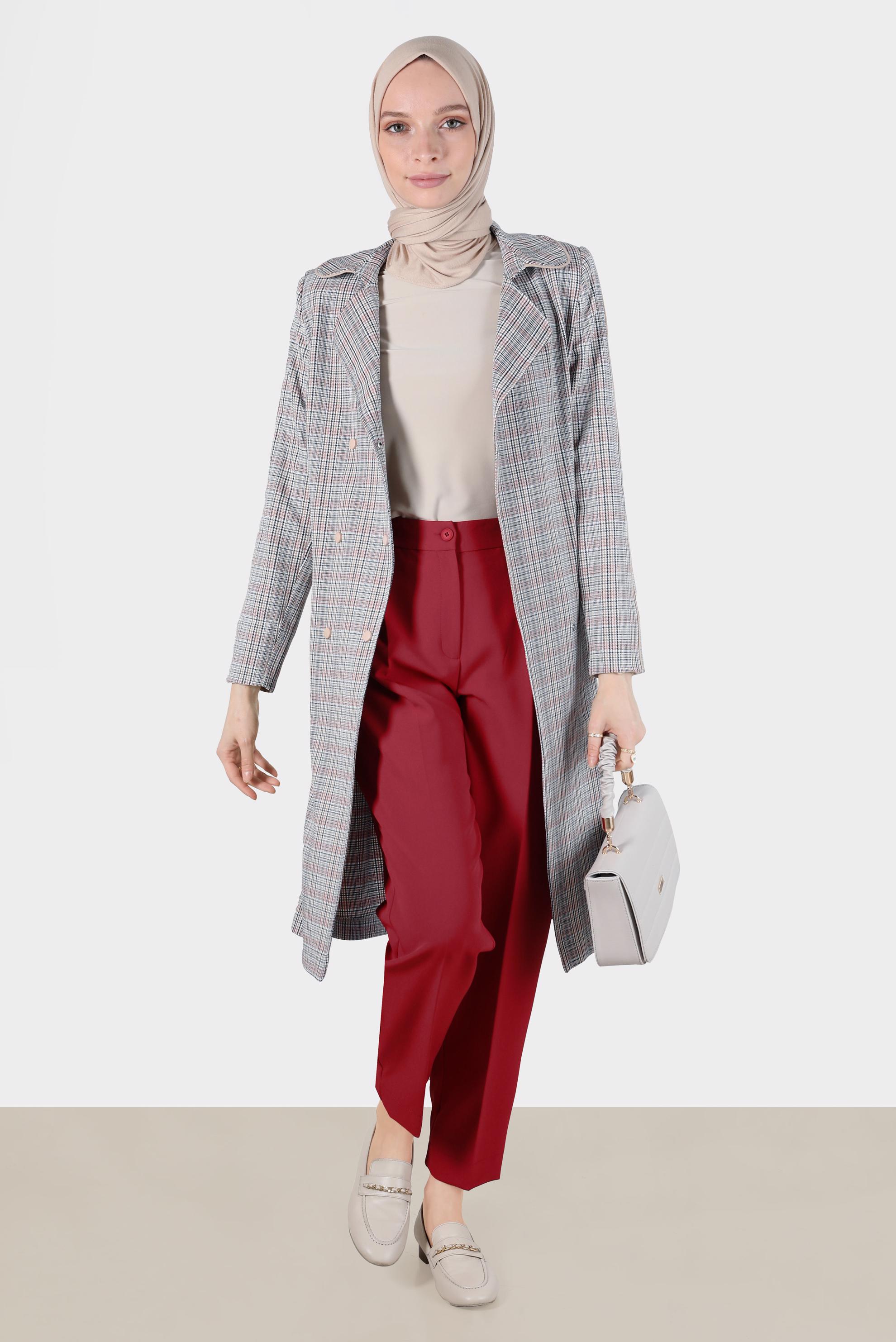 Hijab clothing RED CHECKED BELTED TRENCH COAT 10596 