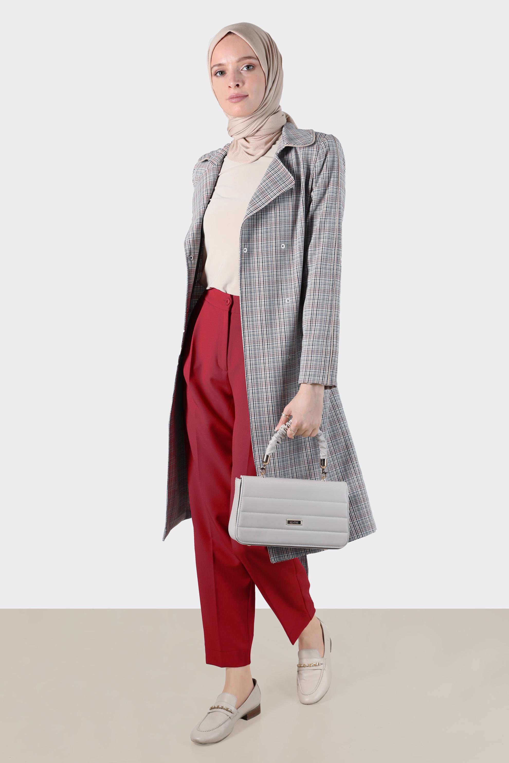 Hijab clothing RED CHECKED BELTED TRENCH COAT 10596 