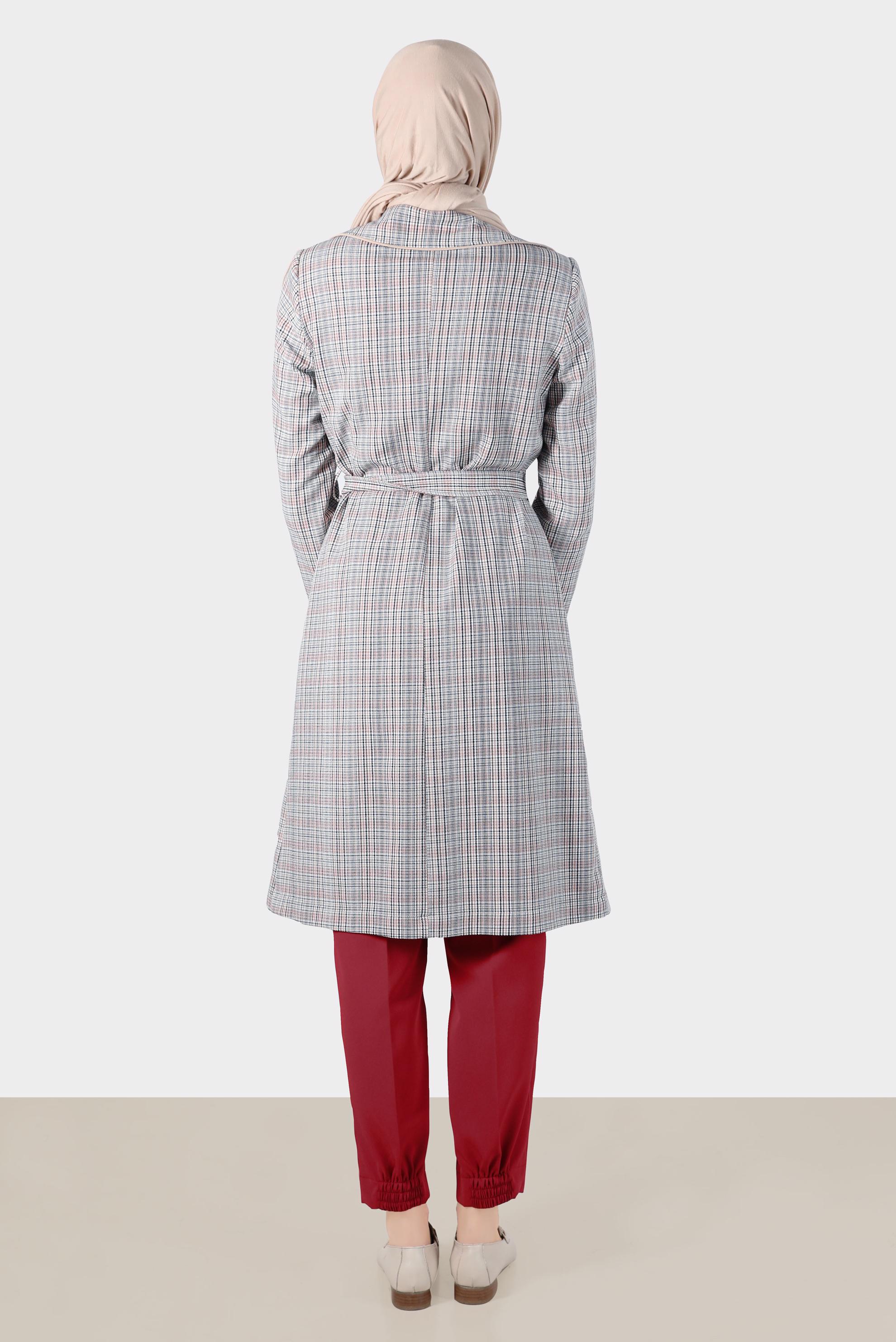 Hijab clothing RED CHECKED BELTED TRENCH COAT 10596 