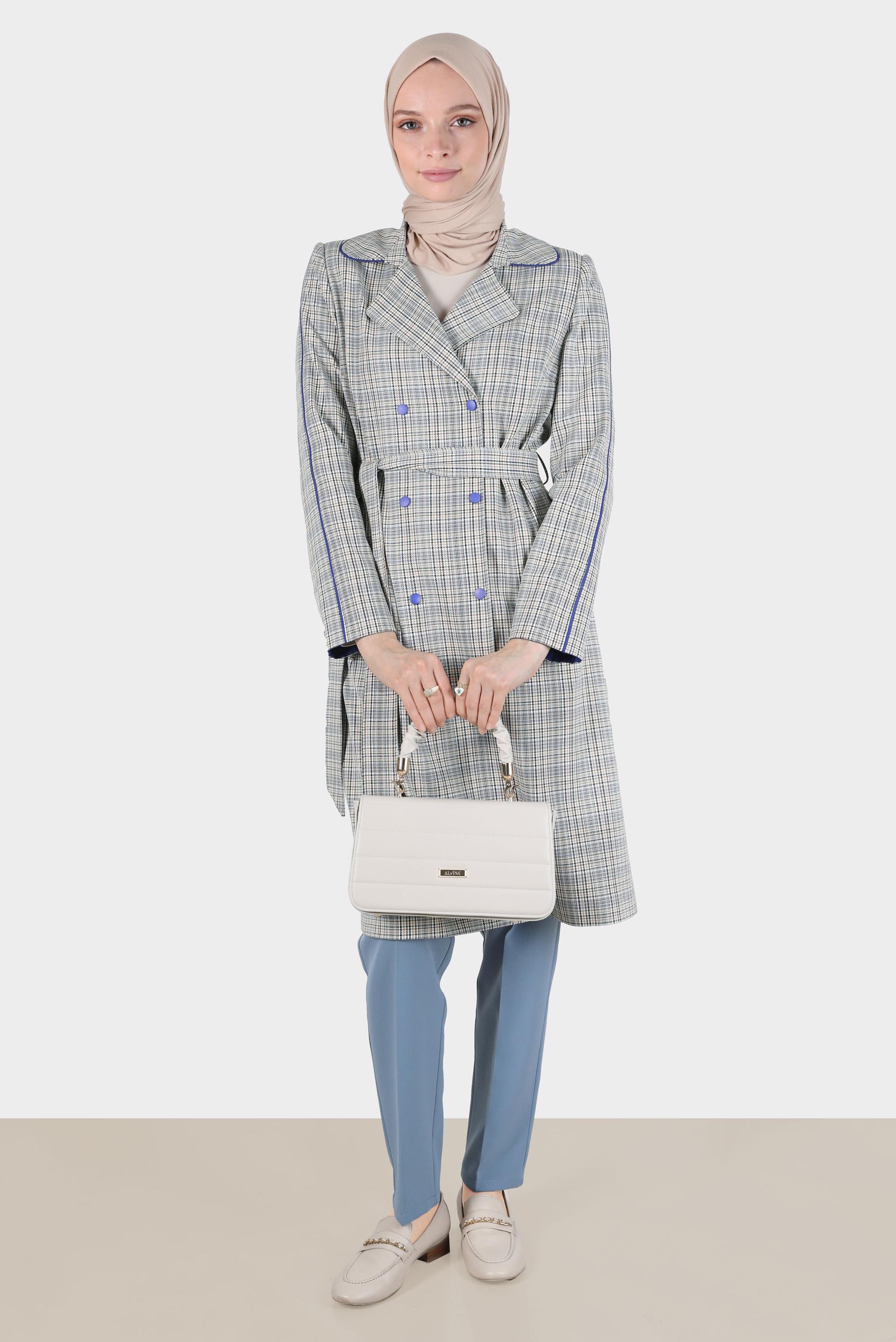 Tesettür giyim LACİVERT KUŞAKLI EKOSE TRENÇKOT 10596 