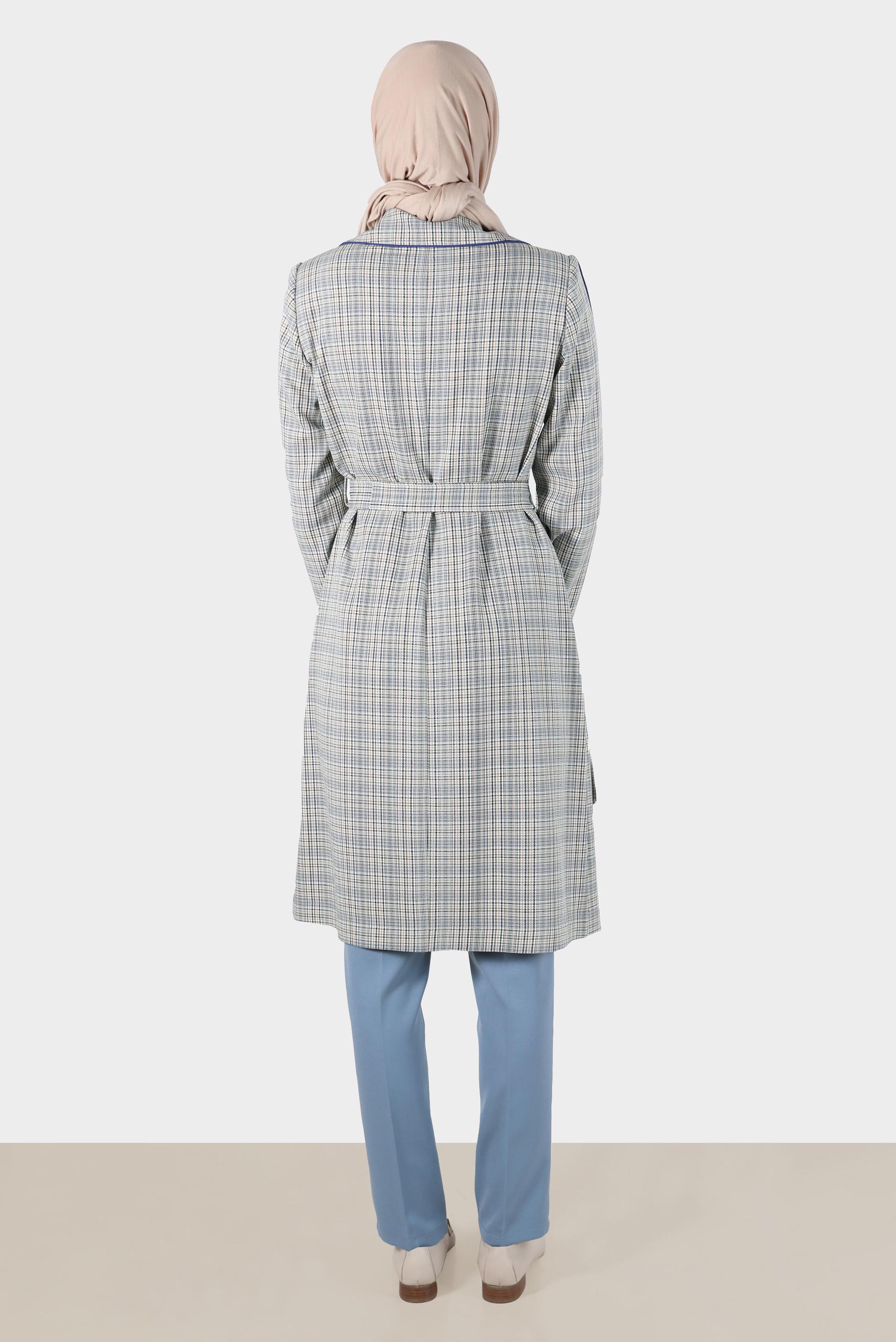 Tesettür giyim LACİVERT KUŞAKLI EKOSE TRENÇKOT 10596 