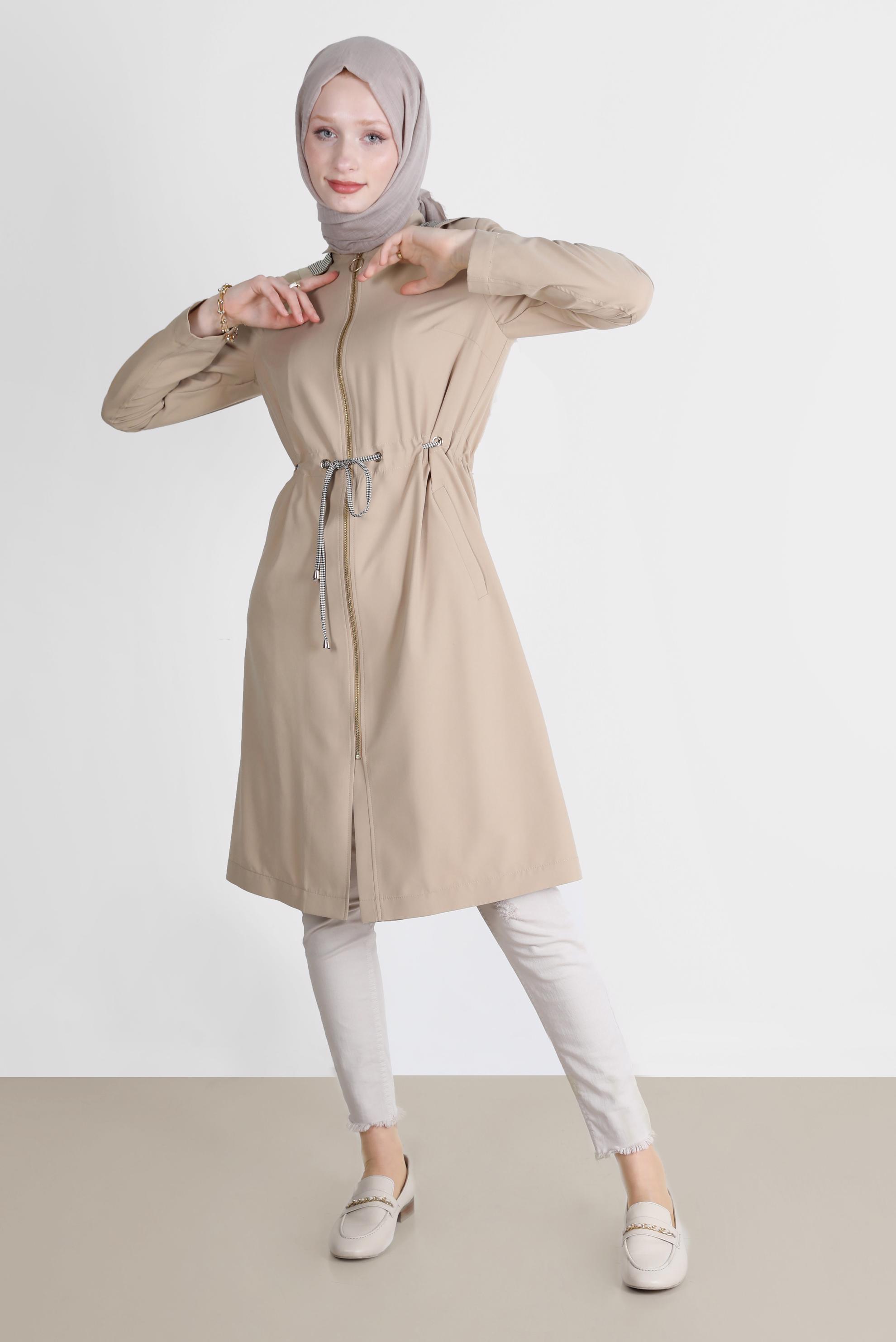Hijab clothing BEIGE SMOCKING WAIST HOODED TRENCH COAT 10597 