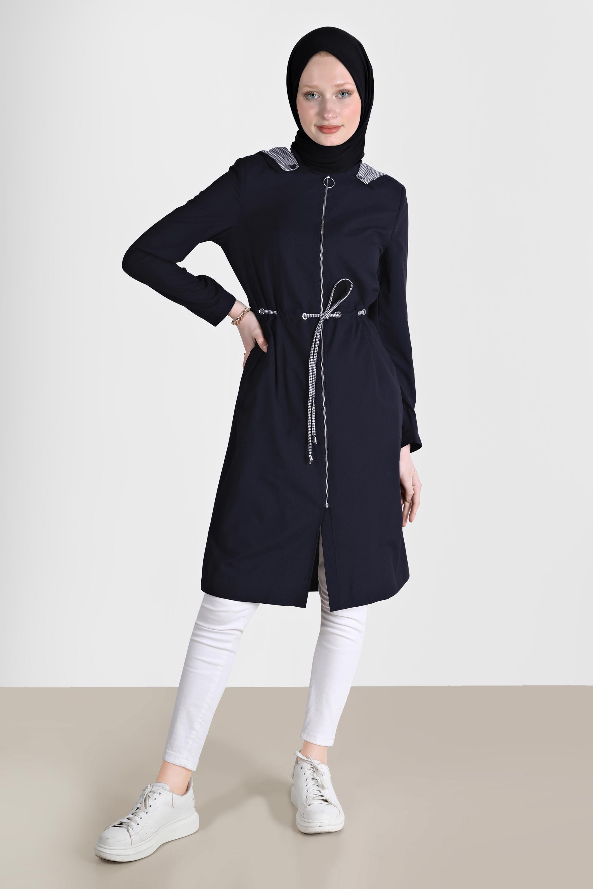 Hijab clothing NAVY BLUE SMOCKING WAIST HOODED TRENCH COAT 10597 