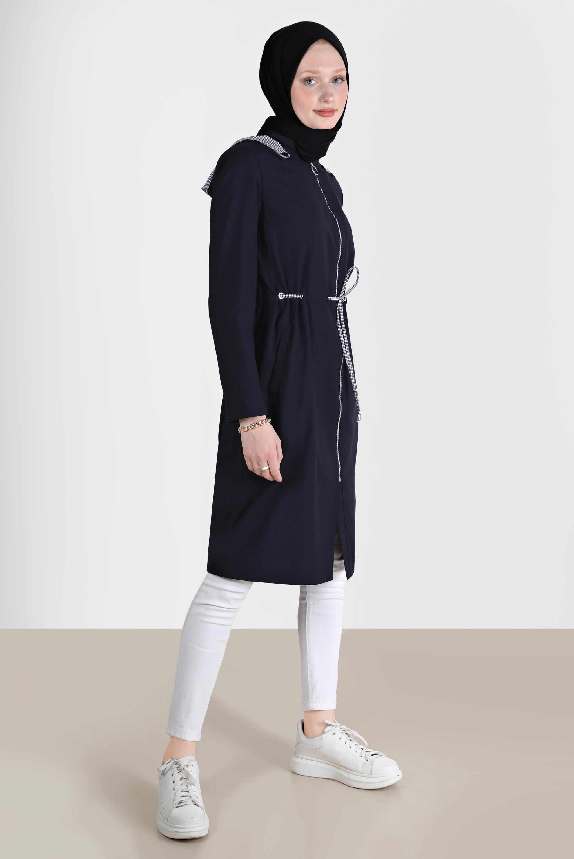 Hijab clothing NAVY BLUE SMOCKING WAIST HOODED TRENCH COAT 10597 
