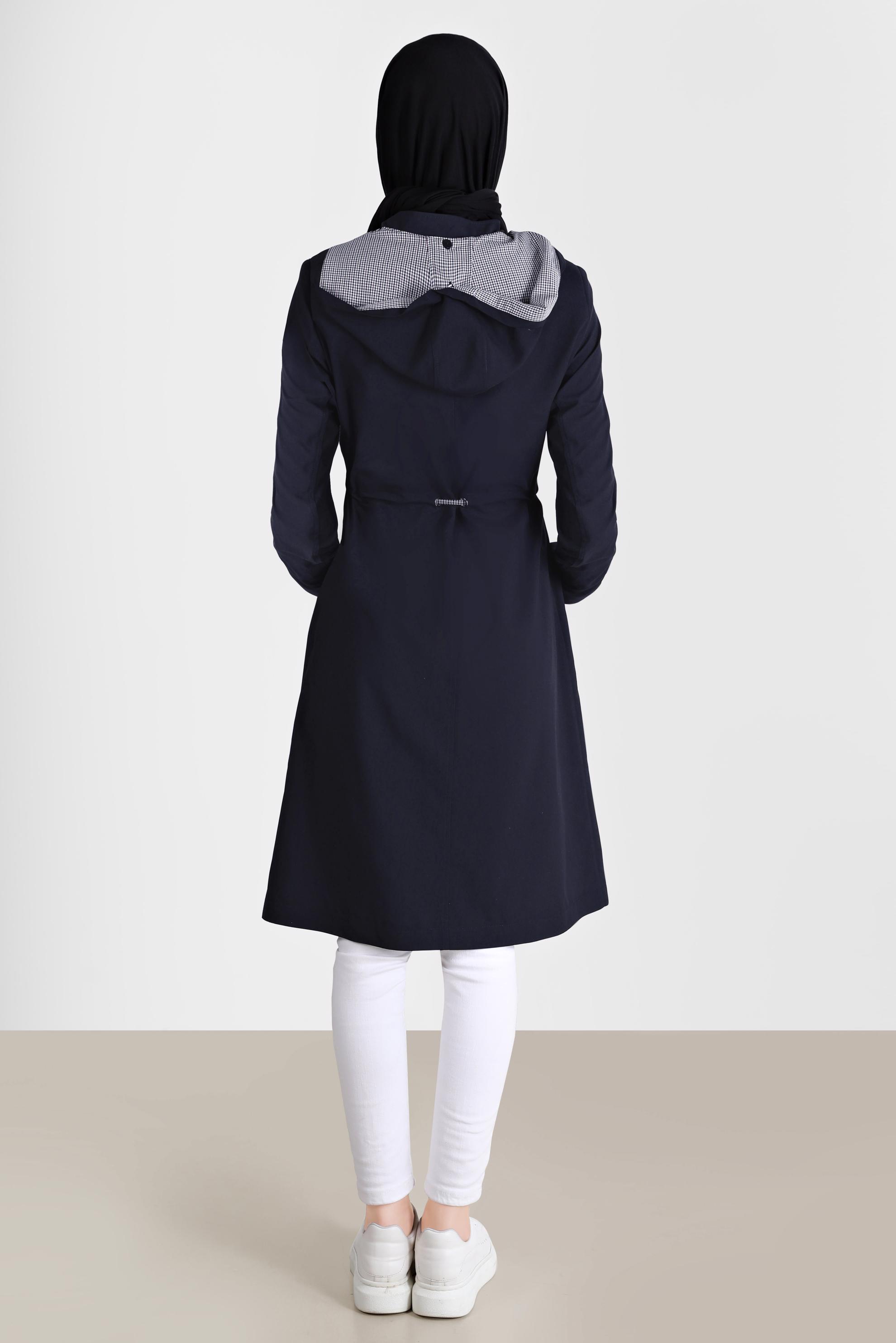 Hijab clothing NAVY BLUE SMOCKING WAIST HOODED TRENCH COAT 10597 