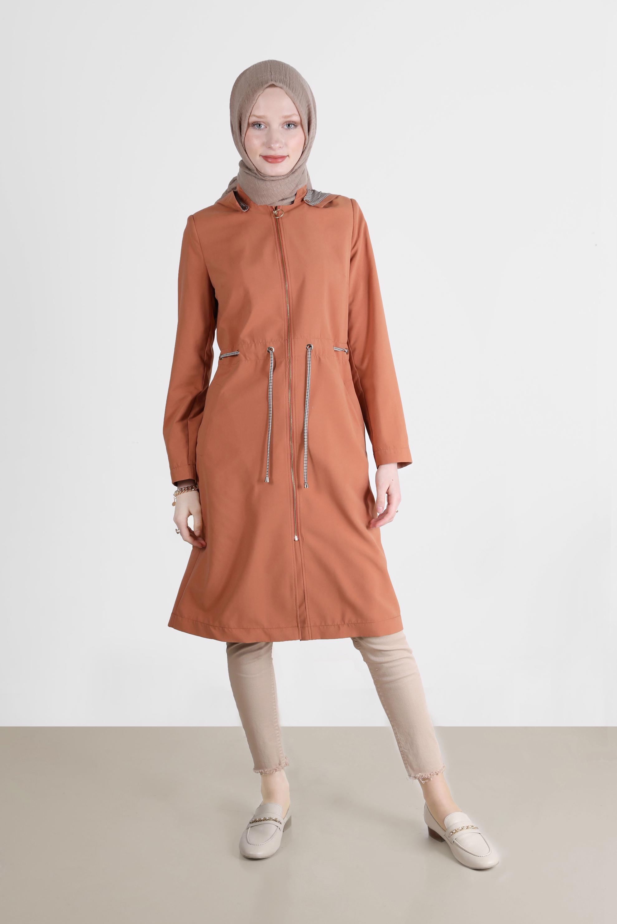 Hijab clothing PINK SMOCKING WAIST HOODED TRENCH COAT 10597 