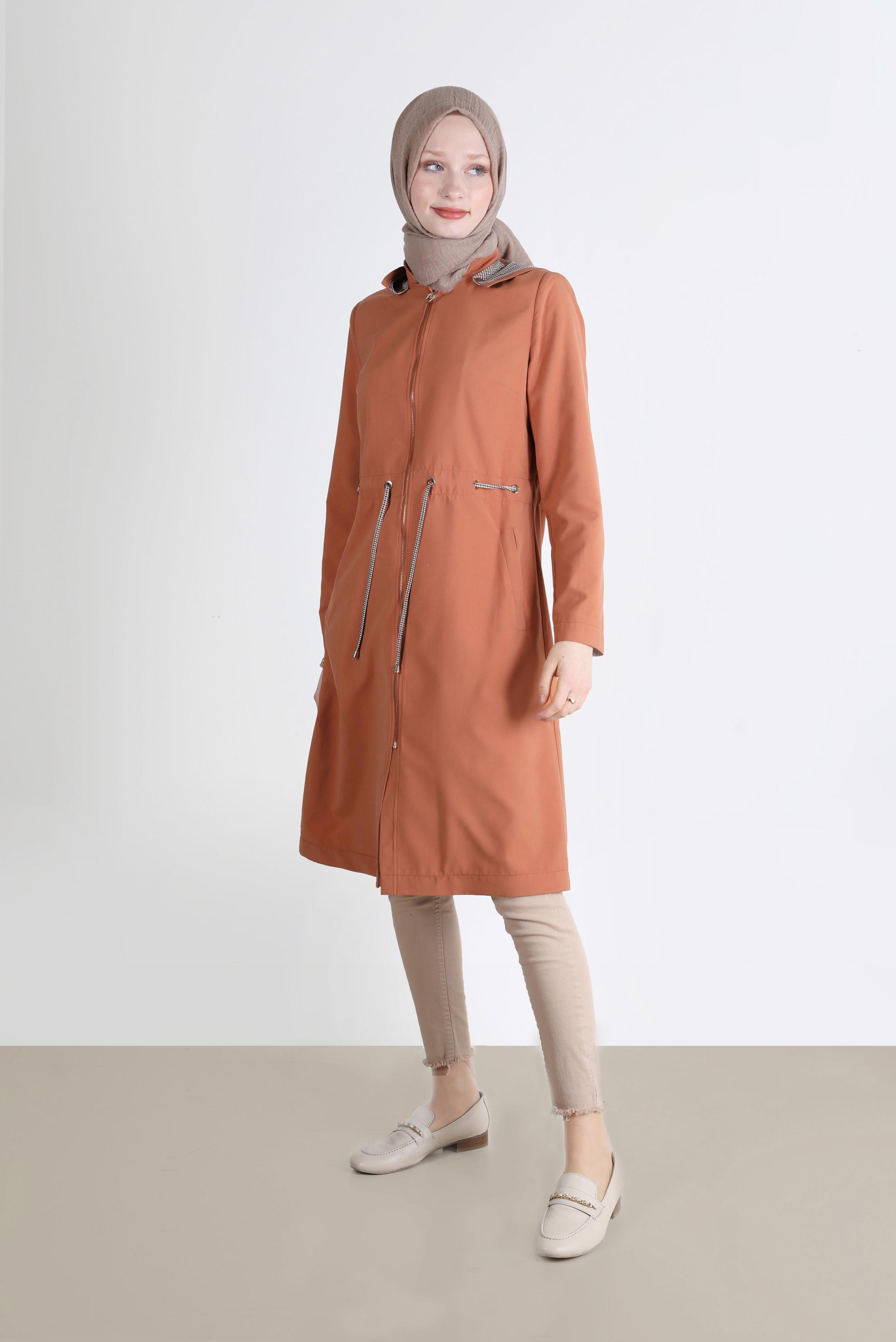 Hijab clothing PINK SMOCKING WAIST HOODED TRENCH COAT 10597 