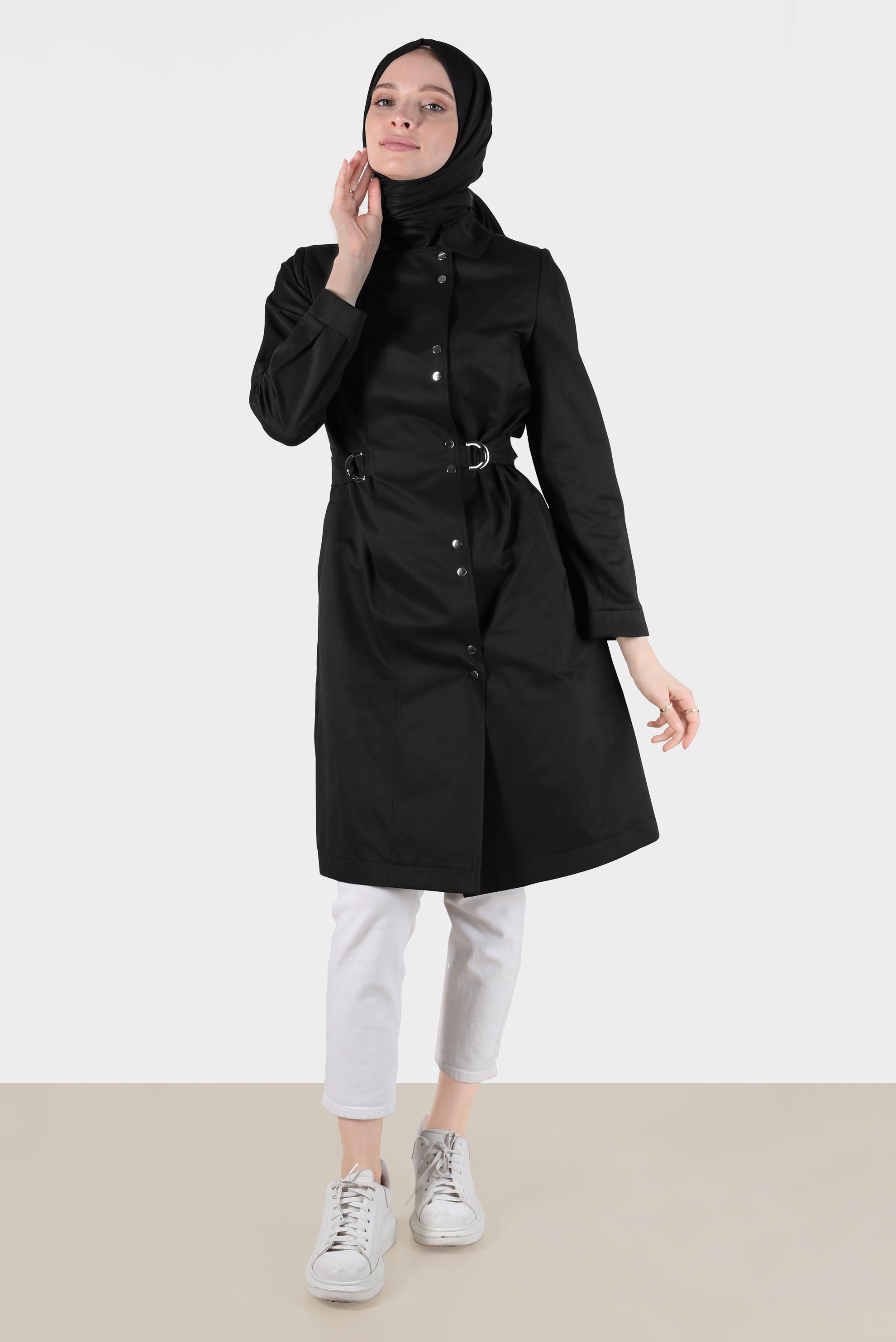 Hijab clothing BLACK BELTED SNAPPED TRENCH COAT 10598 