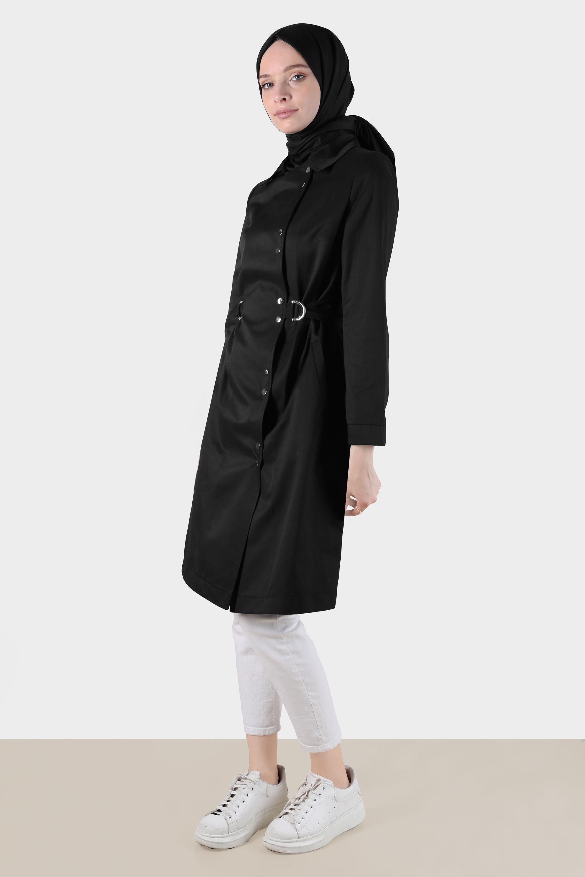 Hijab clothing BLACK BELTED SNAPPED TRENCH COAT 10598 