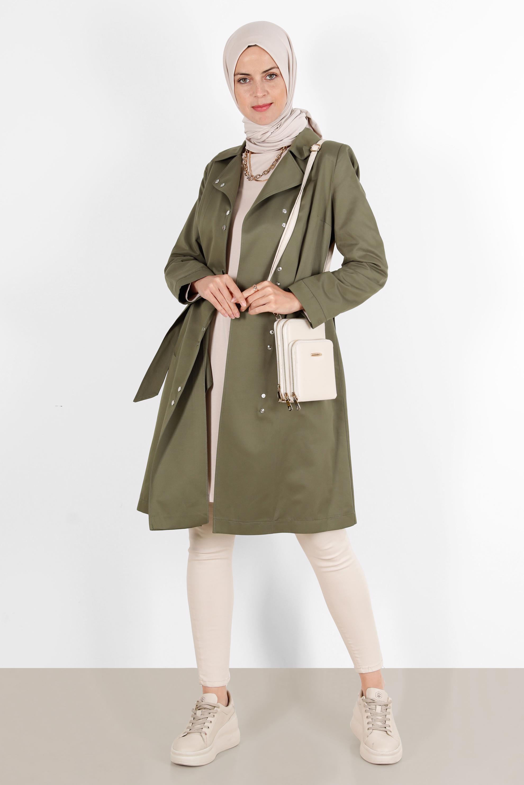 Tesettür giyim HAKİ BELİ KUŞAKLI ÇITÇITLI TRENÇKOT 10598	