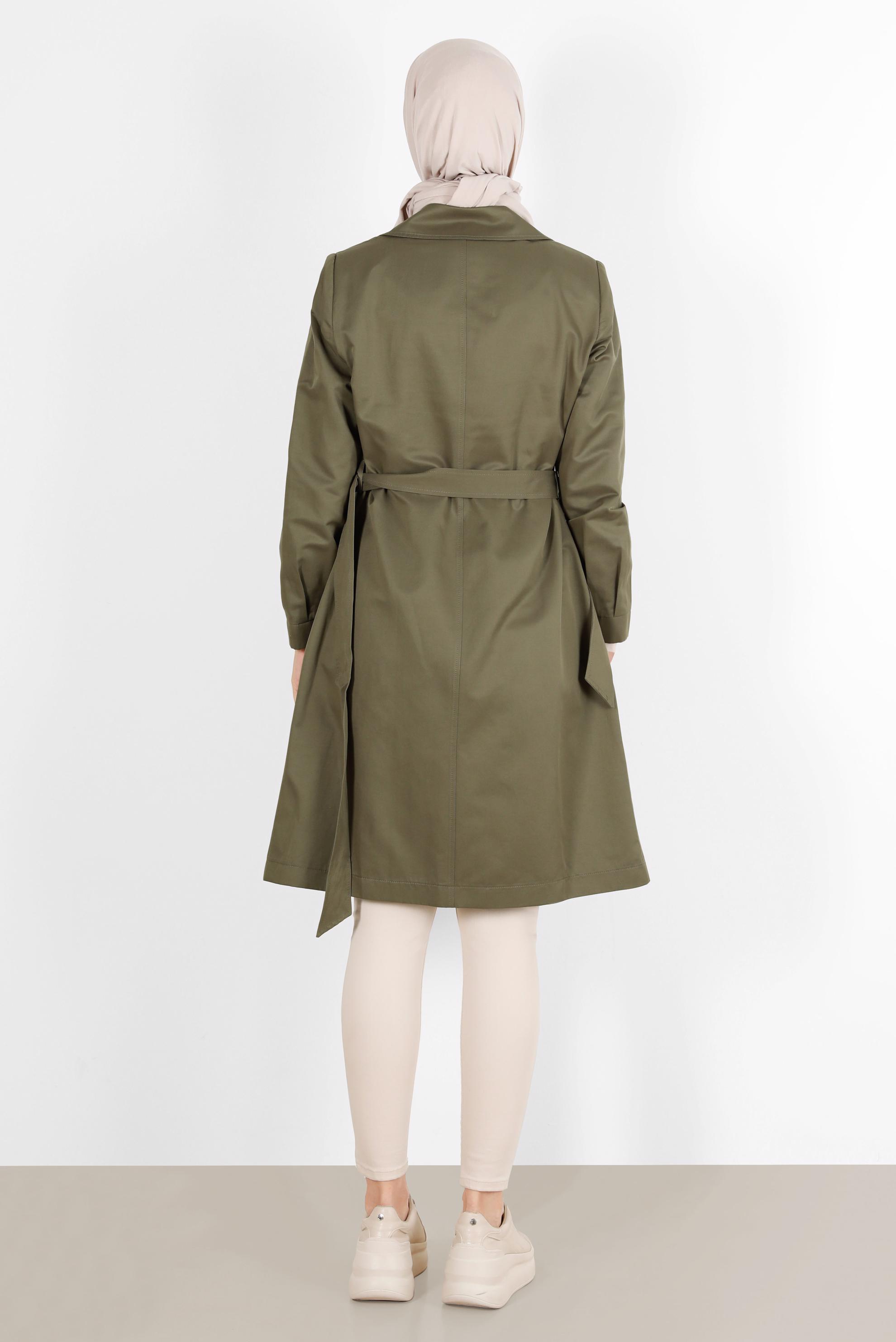 Tesettür giyim HAKİ BELİ KUŞAKLI ÇITÇITLI TRENÇKOT 10598	