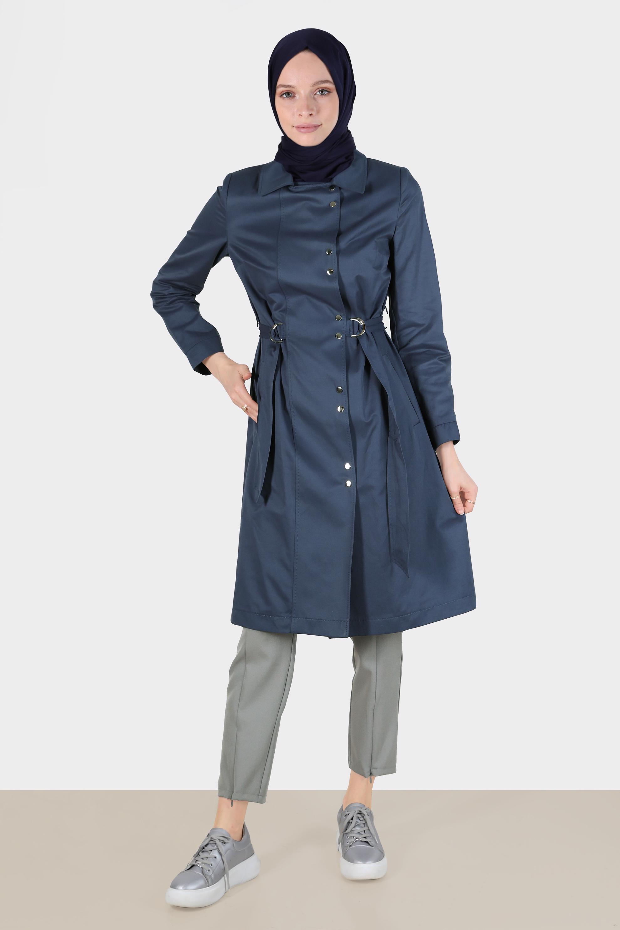 Tesettür giyim LACİVERT BELİ KUŞAKLI ÇITÇITLI TRENÇKOT 10598	