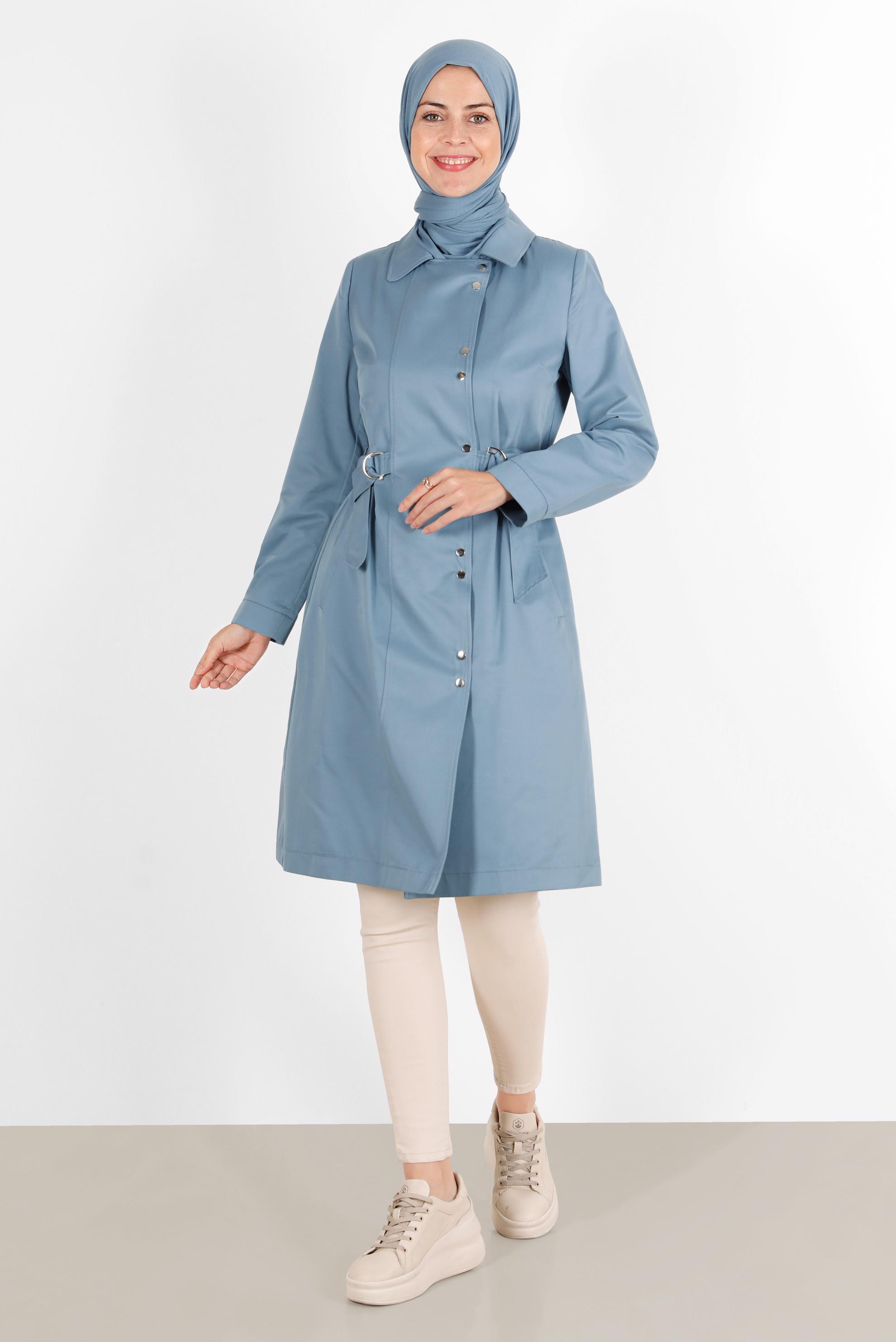 Hijab clothing BLUE BELTED SNAPPED TRENCH COAT 10598 