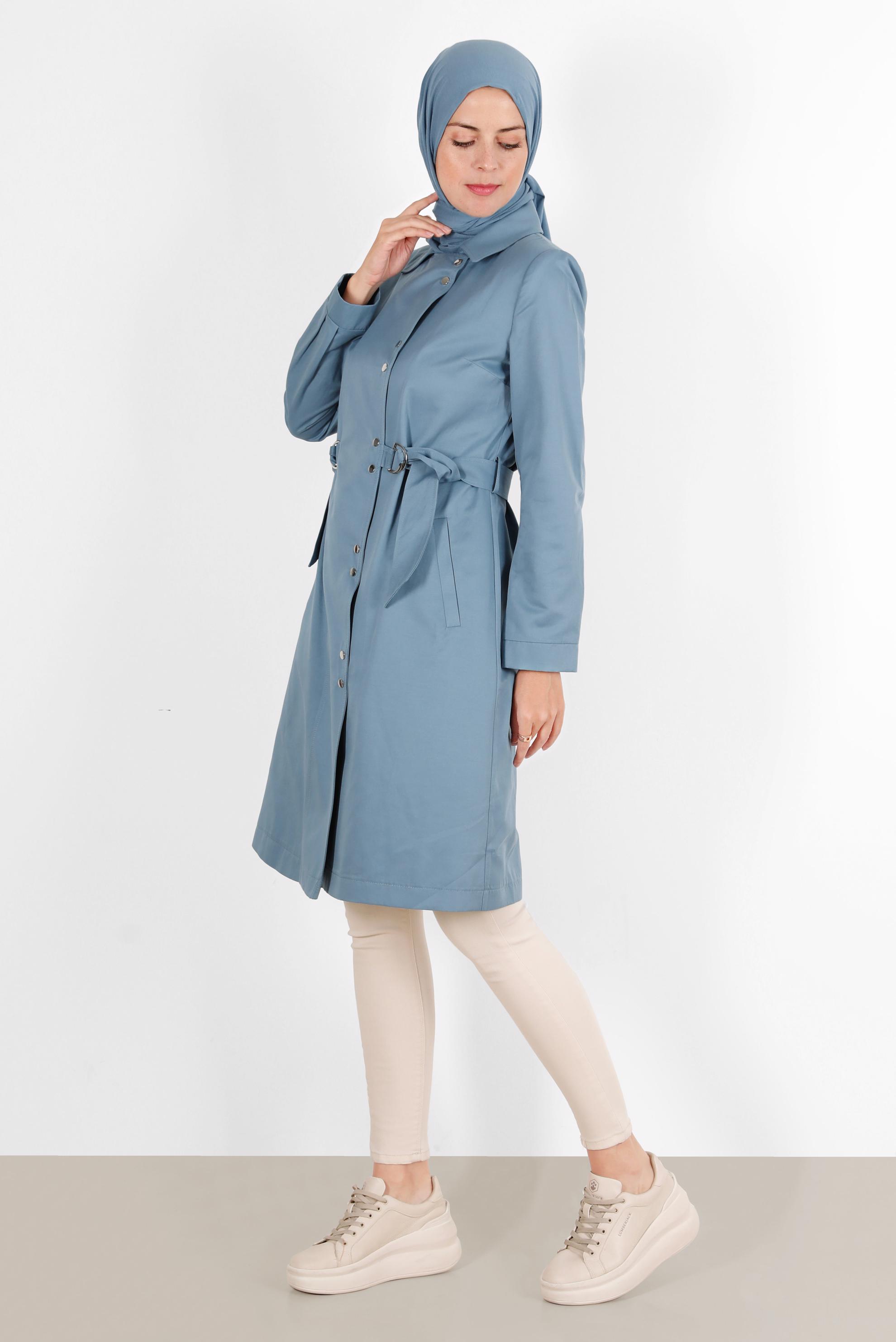 Hijab clothing BLUE BELTED SNAPPED TRENCH COAT 10598 