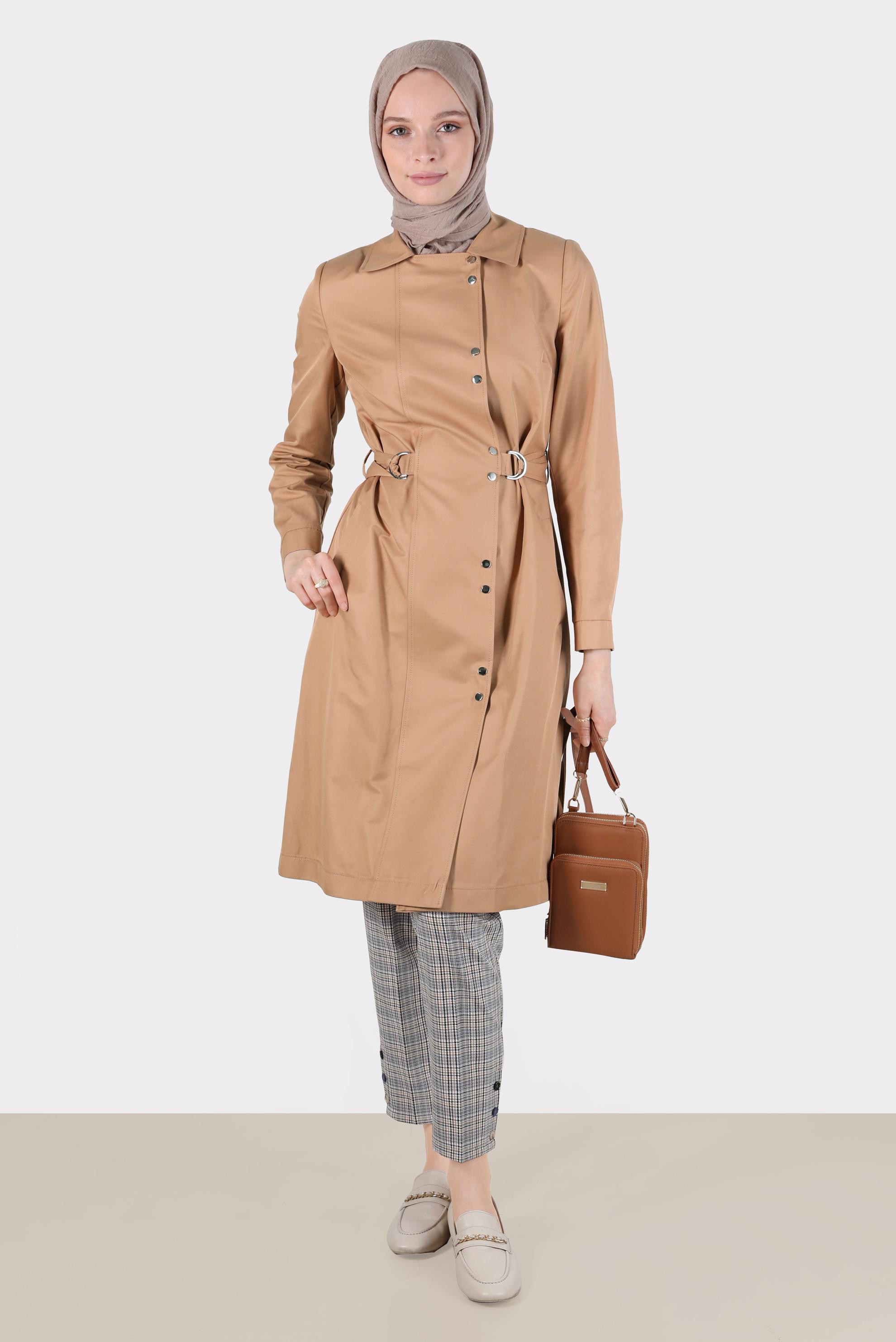 Hijab clothing BROWN BELTED SNAPPED TRENCH COAT 10598 