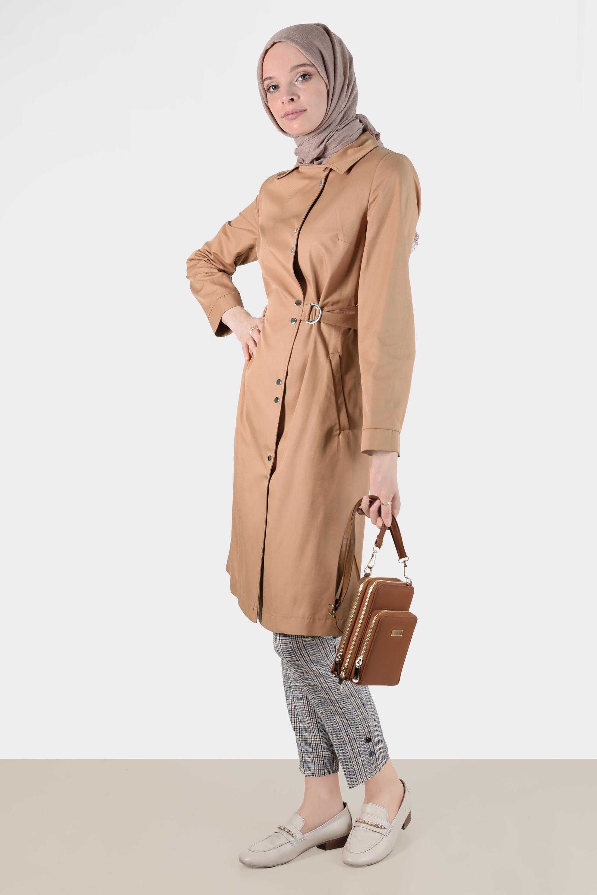 Hijab clothing BROWN BELTED SNAPPED TRENCH COAT 10598 