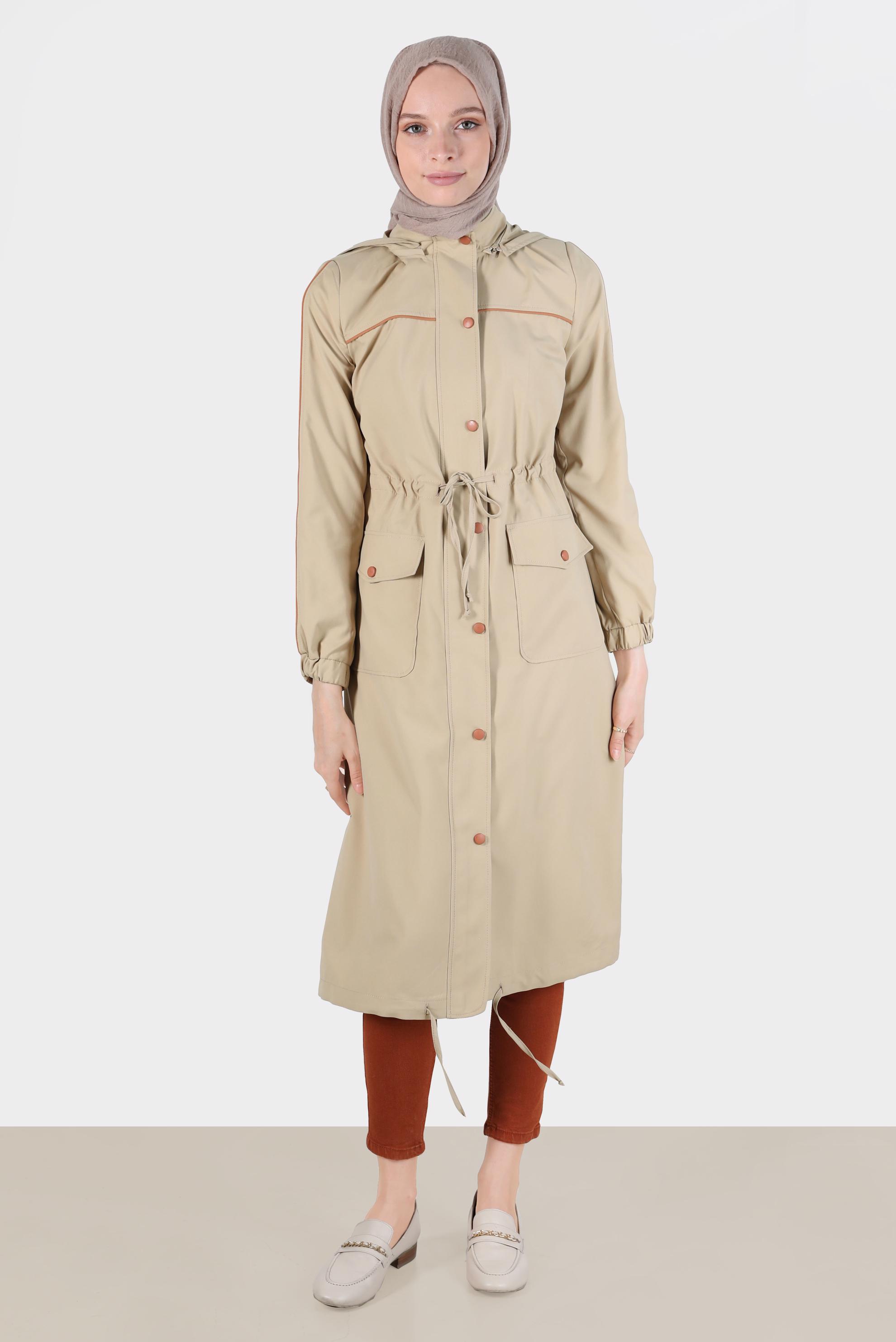 Hijab clothing BEIGE SMOCKING WAIST HOODED TRENCH COAT 10603 
