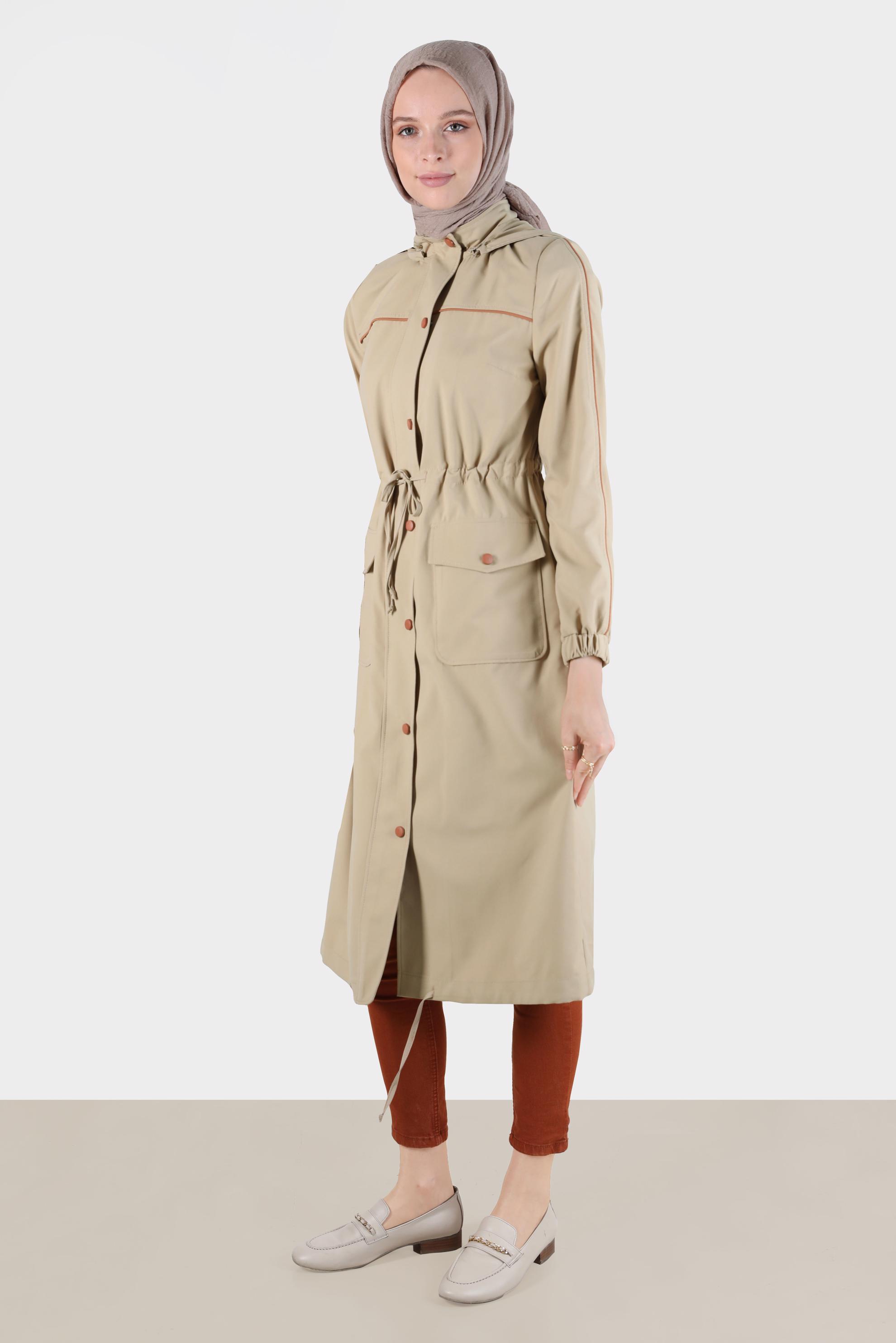 Hijab clothing BEIGE SMOCKING WAIST HOODED TRENCH COAT 10603 