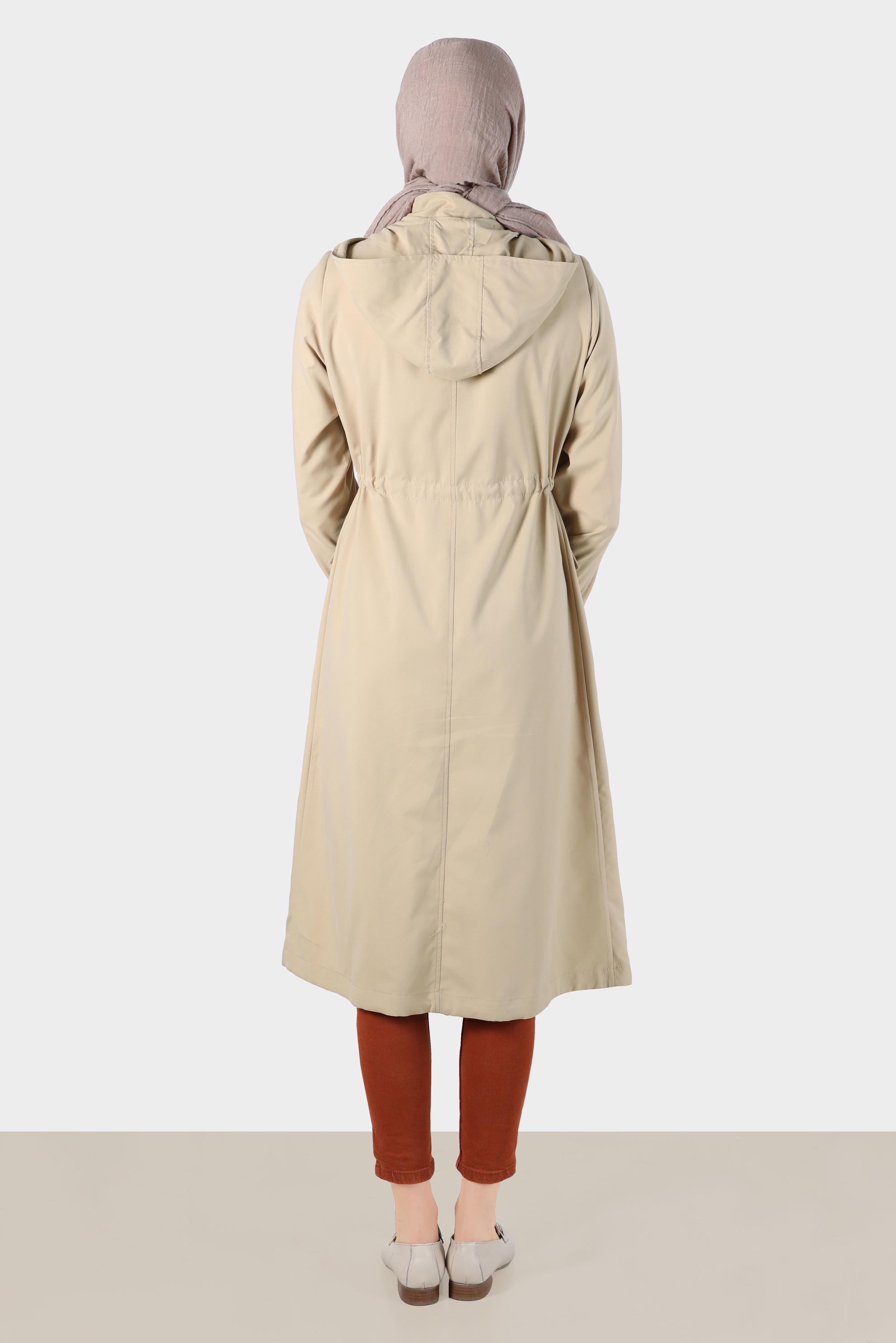 Hijab clothing BEIGE SMOCKING WAIST HOODED TRENCH COAT 10603 