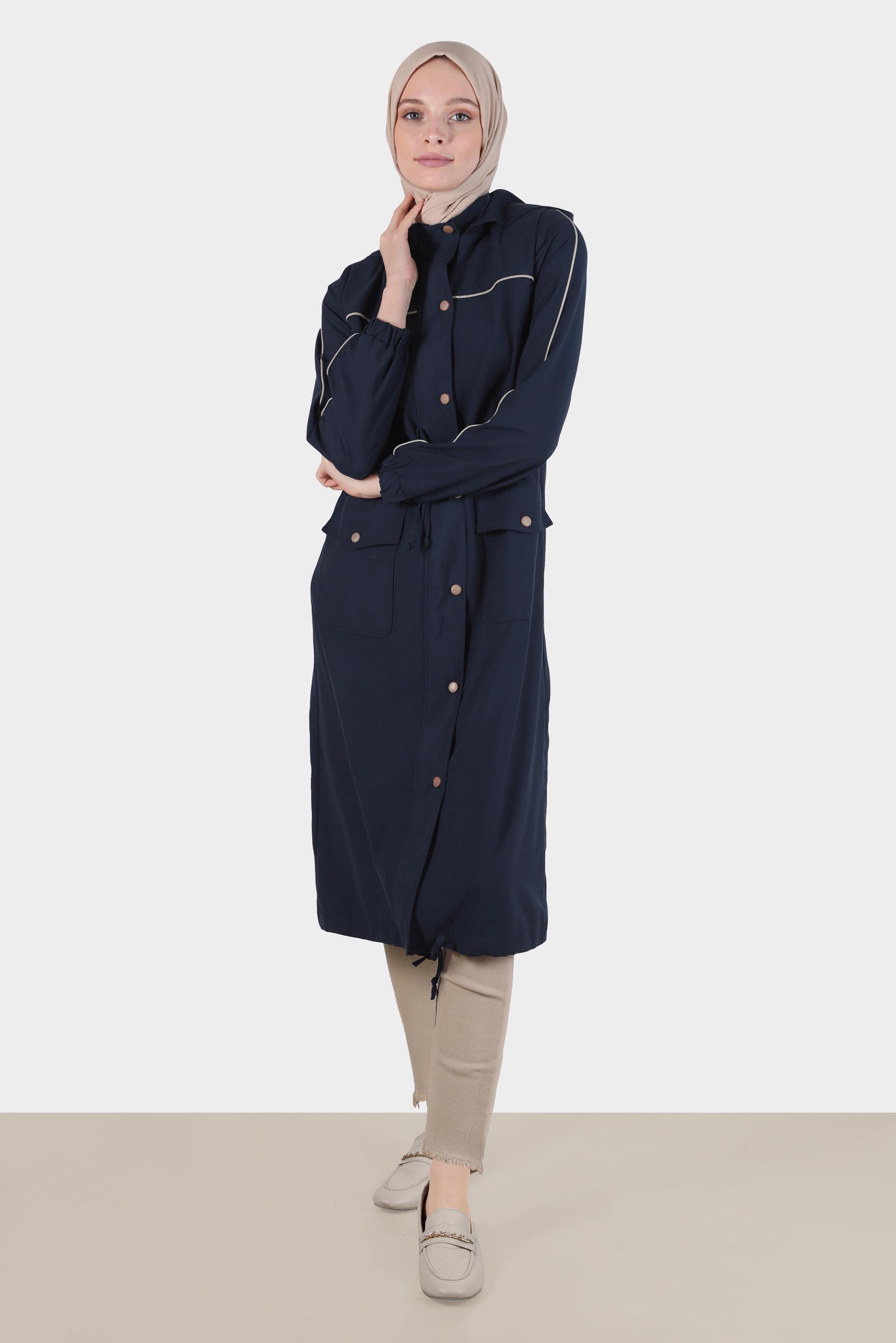 Hijab clothing NAVY BLUE SMOCKING WAIST HOODED TRENCH COAT 10603 