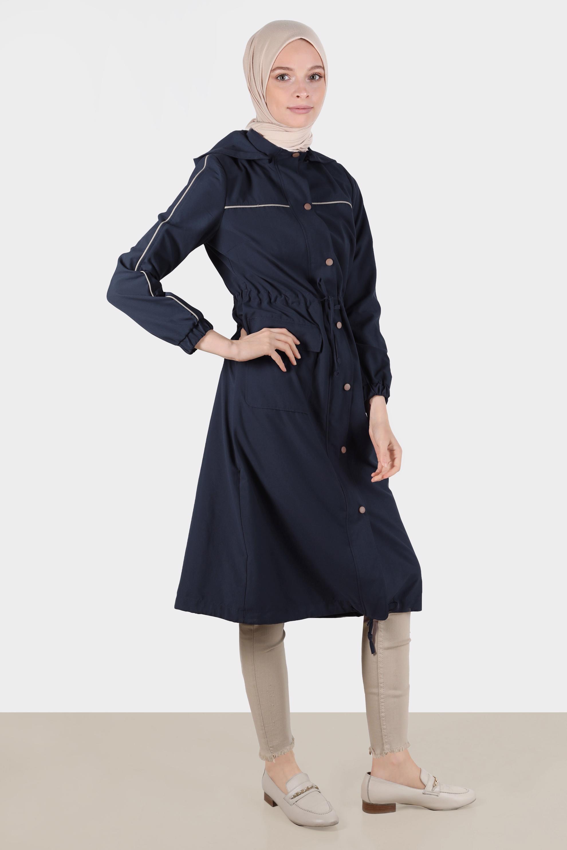 Hijab clothing NAVY BLUE SMOCKING WAIST HOODED TRENCH COAT 10603 
