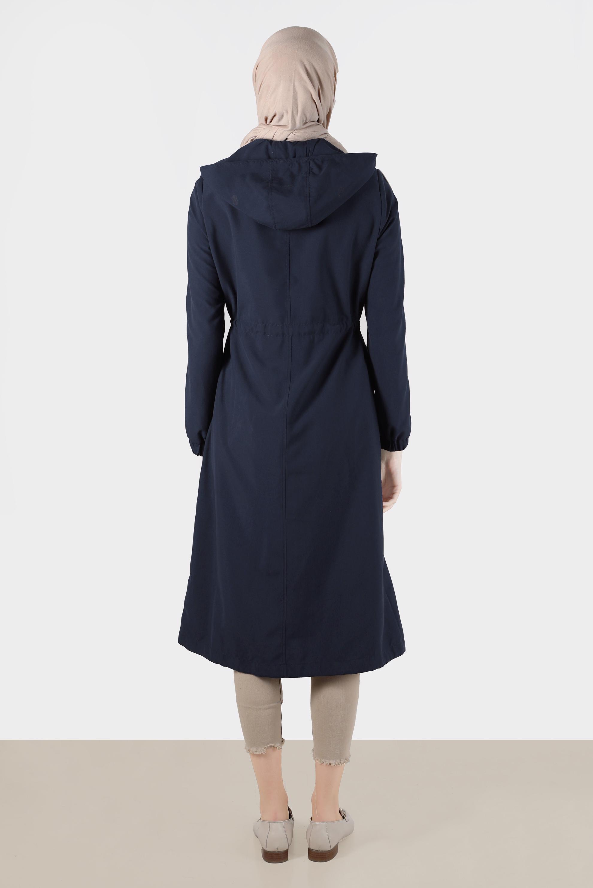 Hijab clothing NAVY BLUE SMOCKING WAIST HOODED TRENCH COAT 10603 