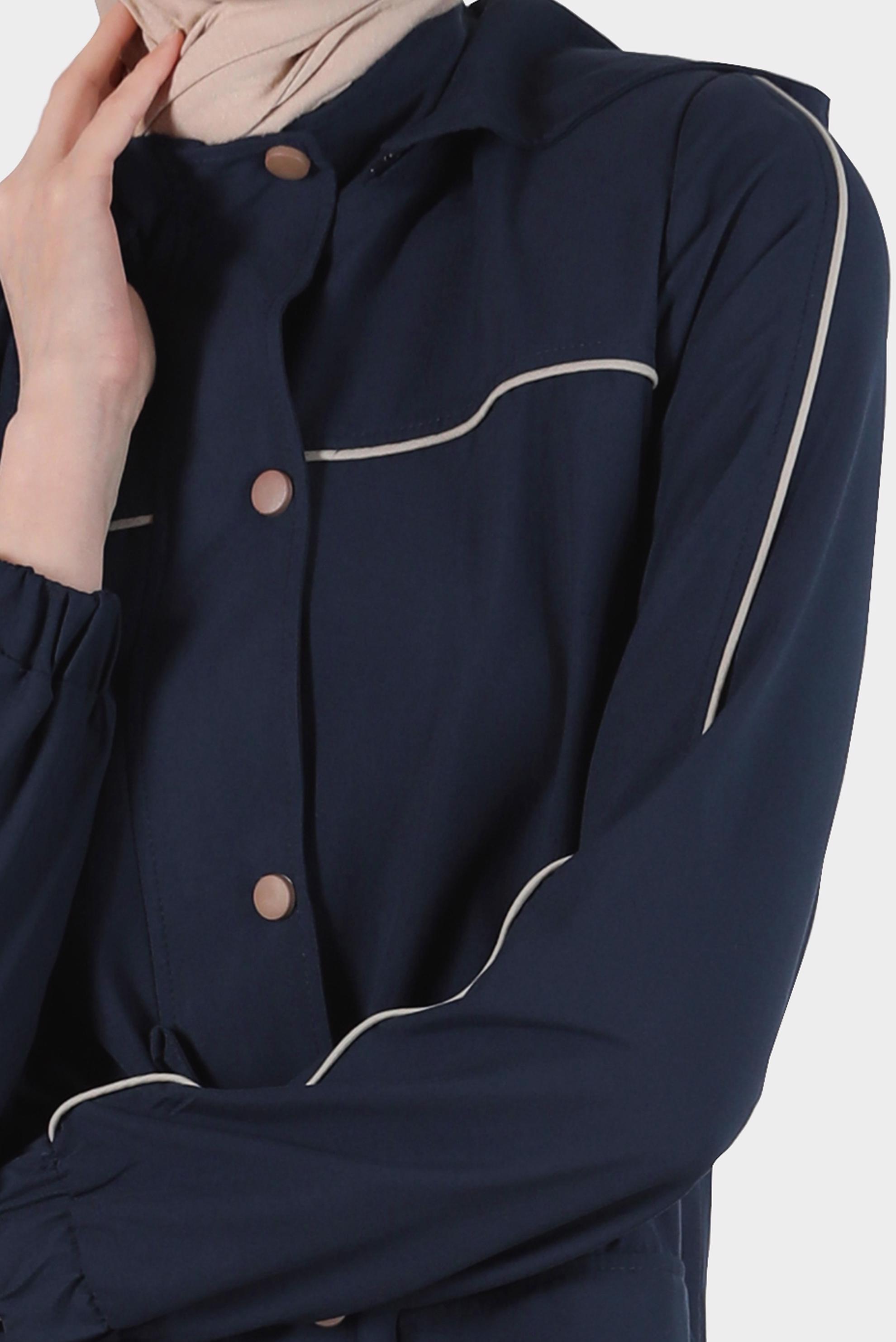 Hijab clothing NAVY BLUE SMOCKING WAIST HOODED TRENCH COAT 10603 