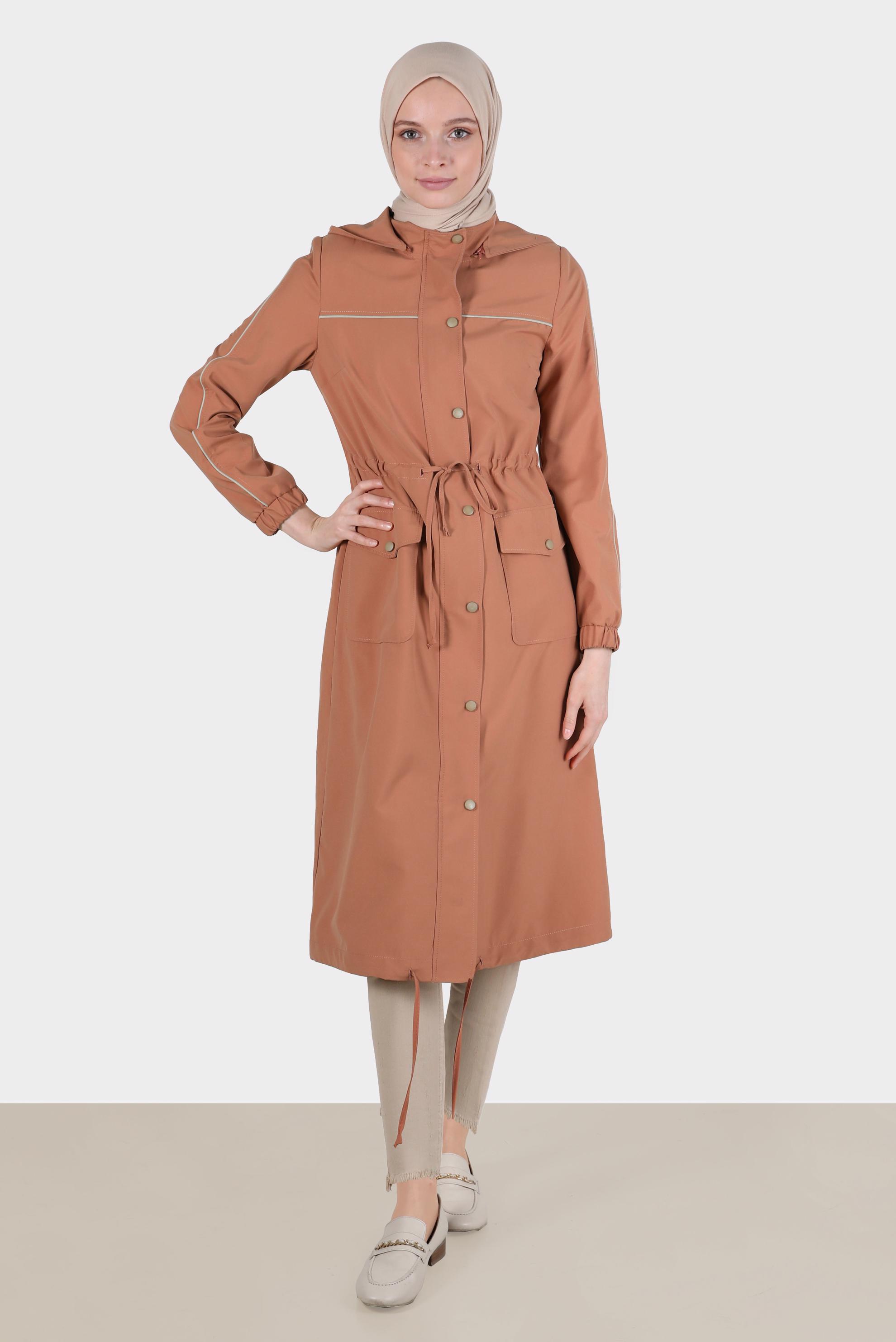 Hijab clothing PINK SMOCKING WAIST HOODED TRENCH COAT 10603 