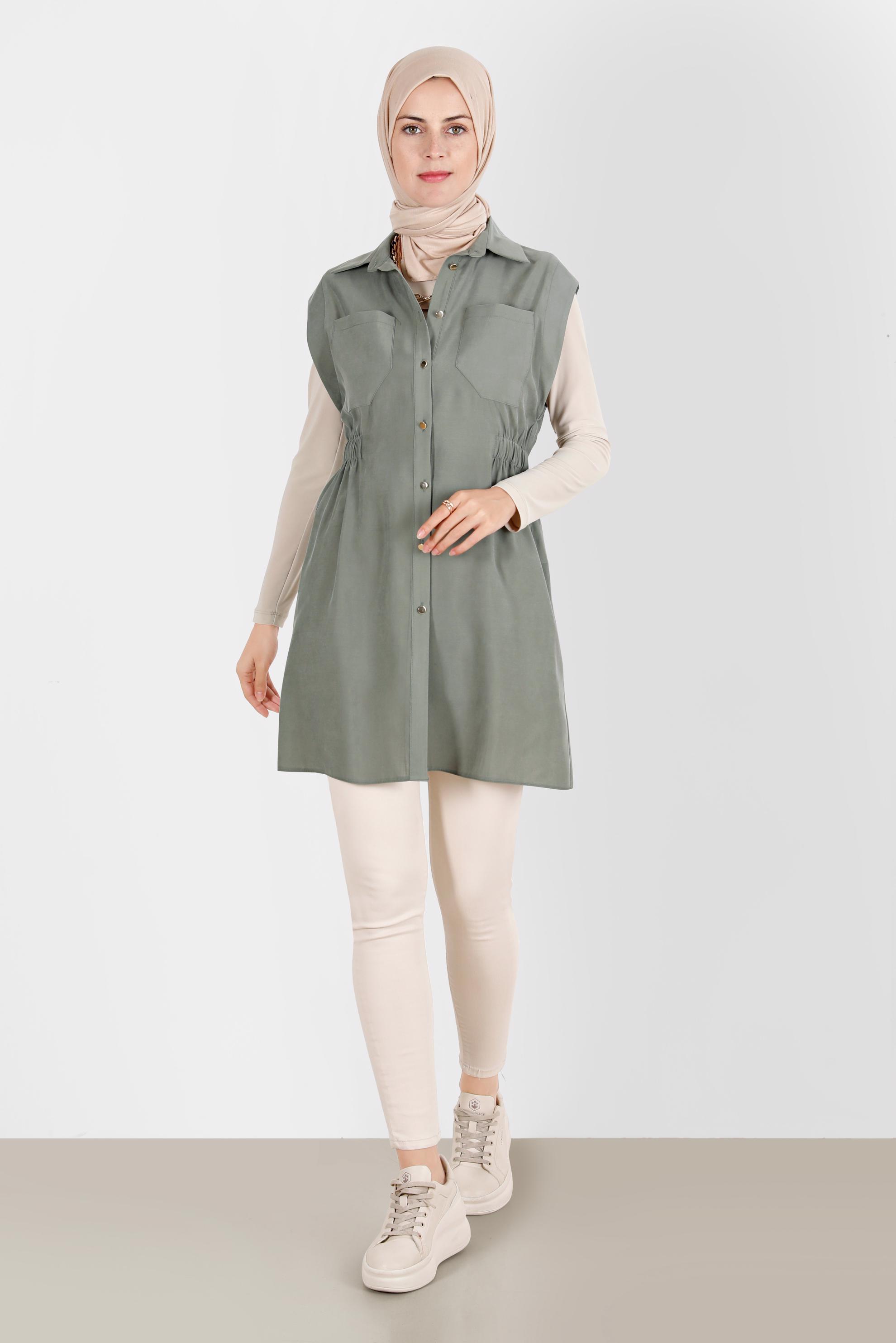 Tesettür giyim HAKİ BELİ LASTİKLİ DÜĞMELİ YELEK 42843 