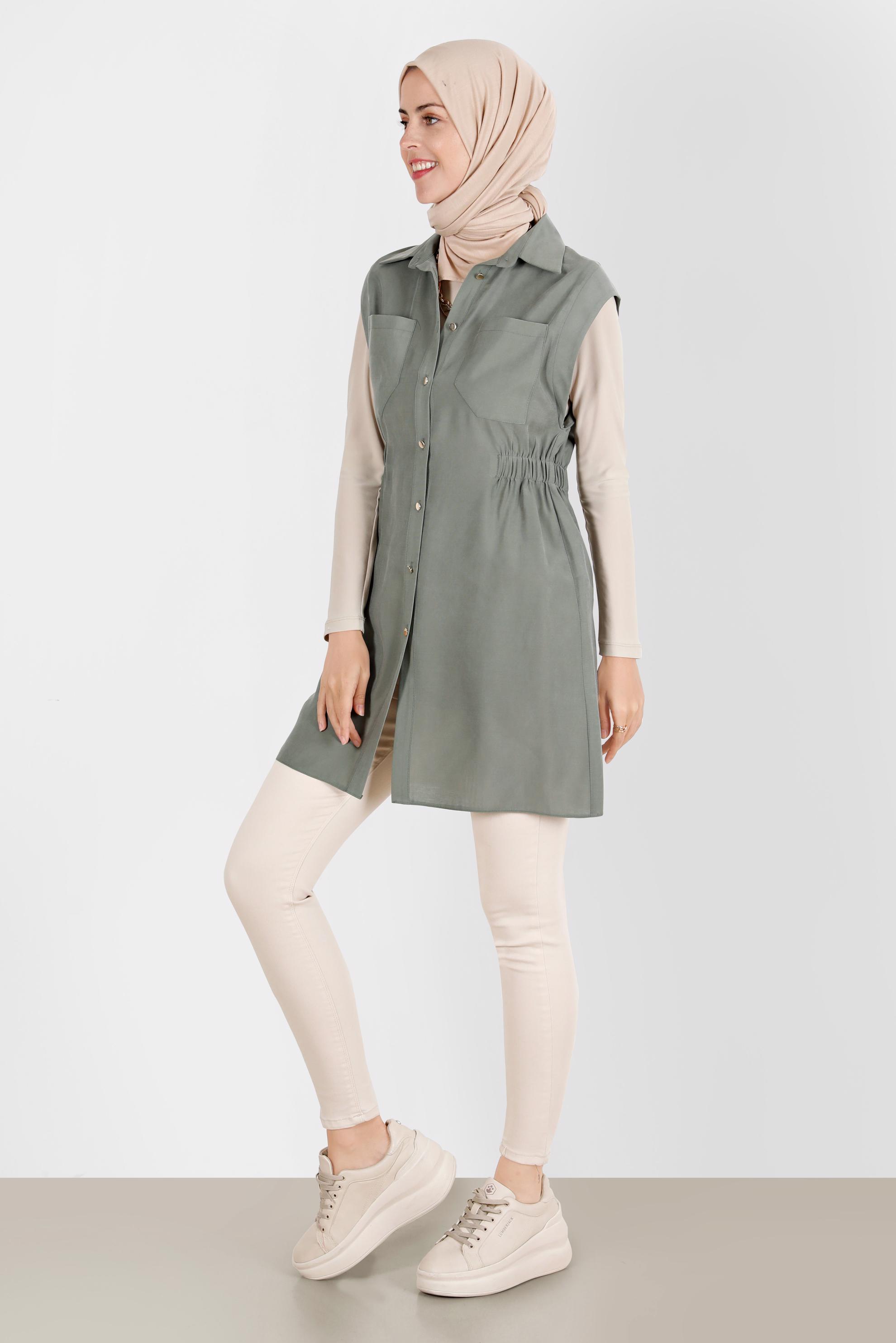 Tesettür giyim HAKİ BELİ LASTİKLİ DÜĞMELİ YELEK 42843 