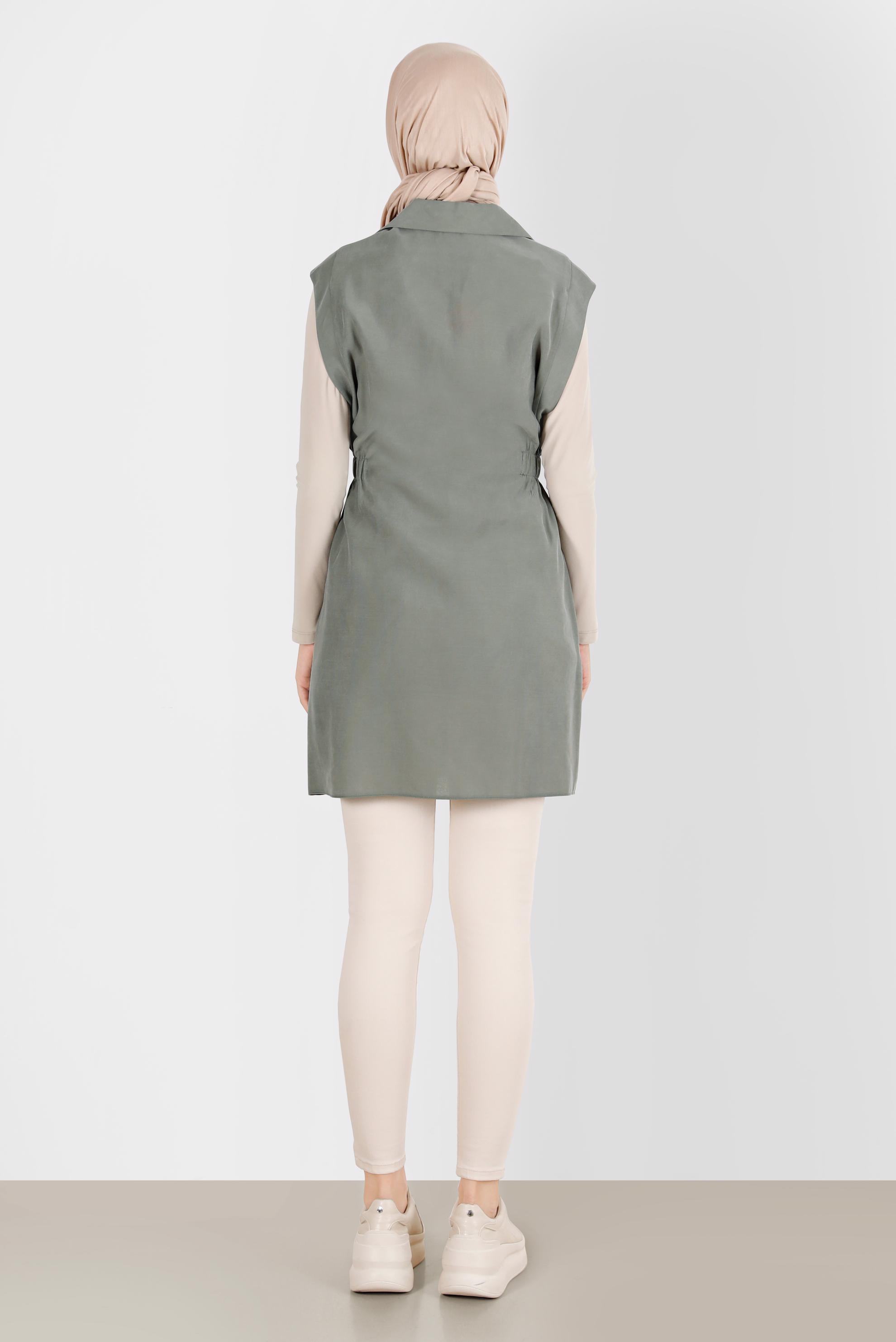 Tesettür giyim HAKİ BELİ LASTİKLİ DÜĞMELİ YELEK 42843 