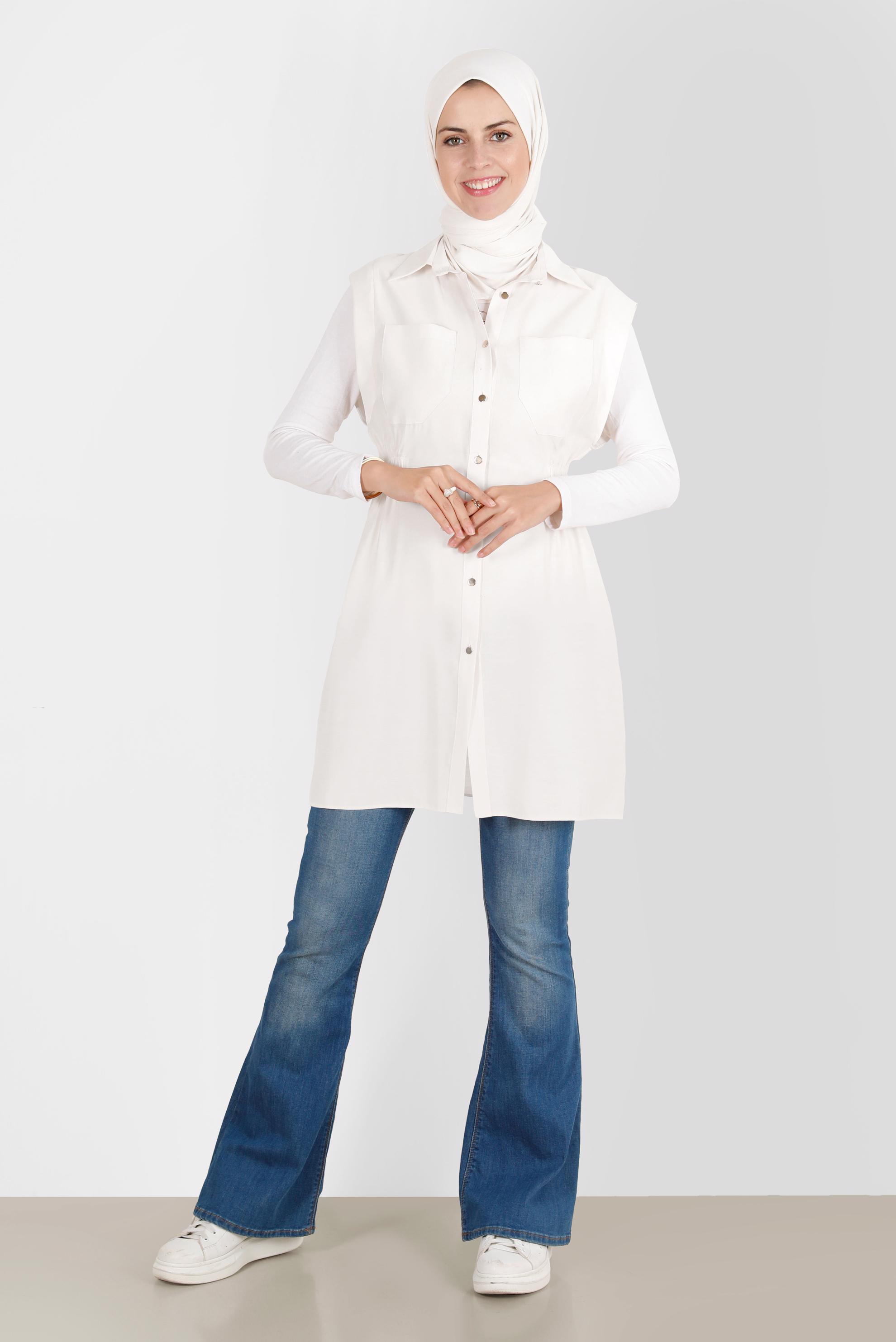 Tesettür giyim EKRU BELİ LASTİKLİ DÜĞMELİ YELEK 42843 