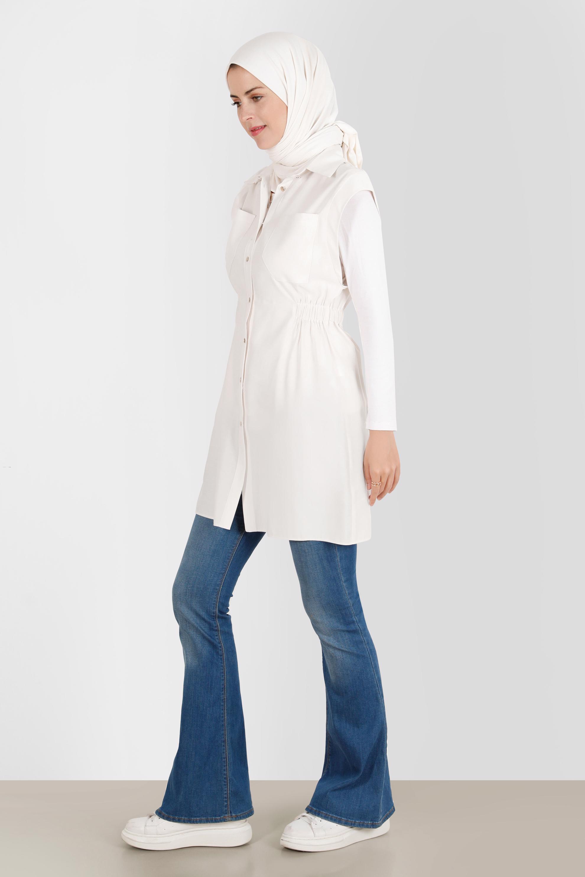 Tesettür giyim EKRU BELİ LASTİKLİ DÜĞMELİ YELEK 42843 