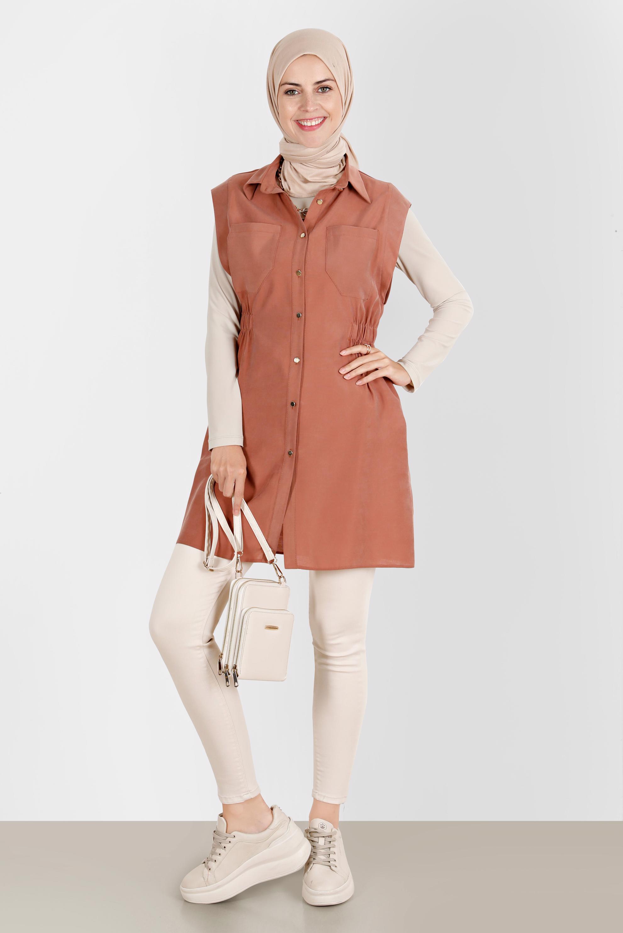 Tesettür giyim TURUNCU BELİ LASTİKLİ DÜĞMELİ YELEK 42843 