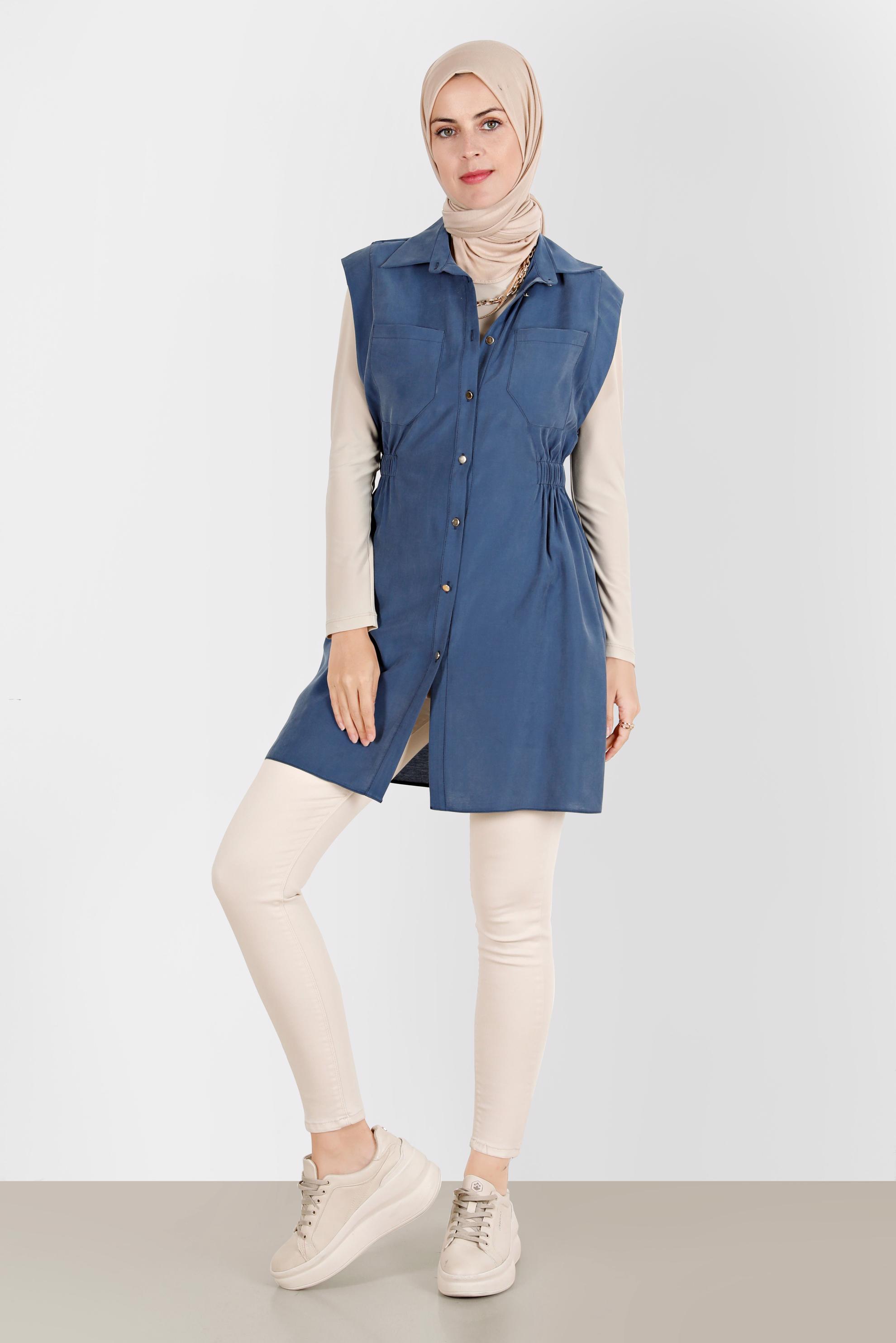Tesettür giyim LACİVERT BELİ LASTİKLİ DÜĞMELİ YELEK 42843 